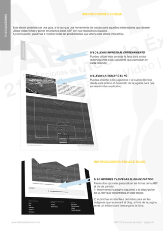 Este ebook pretende ser una guía, a la vez que una herramienta de trabajo para aquellos entrenadores que deseen
utilizar estas fchas y poner en práctica estas ABP con sus respectivos equipos.
A continuación, pasamos a mostrar todas las posibilidades que ofrece este ebook interactivo.
INSTRUCCIONES EBOOK
Instrucciones
INSTRUCCIONES ENLACE BLOG
SI LO LLEVAS IMPRESO AL ENTRENAMIENTO
Puedes utilizar esta zona de la hoja para anotar
observaciones o los jugadores que participan en
cada posición.
Este ebook pretende ser una guía, a la vez que una herramienta de trabajo para aquellos entrenadores que deseen
utilizar estas fchas y poner en práctica estas ABP con sus respectivos equipos.
A continuación, pasamos a mostrar todas las posibilidades que ofrece este ebook interactivo.
SI LLEVAS LA TABLET O EL PC
Puedes enseñar a los jugadores o al cuerpo técnico
desde este enlace el desarrollo de la jugada para que
se vea el vídeo explicativo.
SI LO IMPRIMES Y LO PEGAS EL DIA DE PARTIDO
Tienes dos opciones para utilizar las fchas de la ABP
el día de partido:
1) imprimiendo la página siguiente a la descripción
de la ABP que encontraras en este ebook.
2) si pinchas en el enlace del vídeo para ver las
imágenes que te enviará al blog, al fnal de la página
veras un enlace para descargarte la fcha.
www.lalibretadelmister.com ABP. 21 acciones de éxito | página 6
 