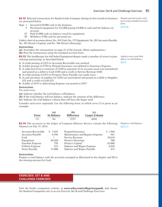 Exercises: Set B and Challenge Exercises 85
E2-12 Selected transactions for Sandra Linke Company during its first month in business
are presented below.
Sept. 1 Invested $10,000 cash in the business.
5 Purchased equipment for $12,000 paying $4,000 in cash and the balance on
account.
25 Paid $3,000 cash on balance owed for equipment.
30 Withdrew $700 cash for personal use.
Linke’s chart of accounts shows: No. 101 Cash, No. 157 Equipment, No. 201 Accounts Payable,
No. 301 Owner’s Capital, and No. 306 Owner’s Drawings.
Instructions
(a) Journalize the transactions on page J1 of the journal. (Omit explanations.)
(b) Post the transactions using the standard account form.
E2-13 The bookkeeper for Jeff Sobol Equipment Repair made a number of errors in jour-
nalizing and posting, as described below.
1. A credit posting of $525 to Accounts Receivable was omitted.
2. A debit posting of $750 for Prepaid Insurance was debited to Insurance Expense.
3. A collection from a customer of $100 in payment of its account owed was journalized
and posted as a debit to Cash $100 and a credit to Service Revenue $100.
4. A credit posting of $415 to Property Taxes Payable was made twice.
5. A cash purchase of supplies for $250 was journalized and posted as a debit to Supplies
$25 and a credit to Cash $25.
6. A debit of $475 to Advertising Expense was posted as $457.
Instructions
For each error:
(a) Indicate whether the trial balance will balance.
(b) If the trial balance will not balance, indicate the amount of the difference.
(c) Indicate the trial balance column that will have the larger total.
Consider each error separately. Use the following form, in which error (1) is given as an
example.
(a) (b) (c)
Error In Balance Difference Larger Column
(1) No $525 debit
E2-14 The accounts in the ledger of Longoria Delivery Service contain the following
balances on July 31, 2014.
Accounts Receivable $ 7,642 Prepaid Insurance $ 1,968
Accounts Payable 8,396 Maintenance and Repairs Expense 961
Cash ? Service Revenue 10,610
Equipment 49,360 Owner’s Drawings 700
Gasoline Expense 758 Owner’s Capital 42,000
Utilities Expense 523 Salaries and Wages Expense 4,428
Notes Payable 17,000 Salaries and Wages Payable 815
Instructions
Prepare a trial balance with the accounts arranged as illustrated in the chapter and fill in
the missing amount for Cash.
Prepare journal entries and
post using standard account
form.
(LO 4, 6)
Analyze errors and their
effects on trial balance.
(LO 7)
Prepare a trial balance.
(LO 2, 7)
Visit the book’s companion website, at www.wiley.com/college/weygandt, and choose
the Student Companion site to access Exercise Set B and Challenge Exercises.
EXERCISES: SET B AND
CHALLENGE EXERCISES
 