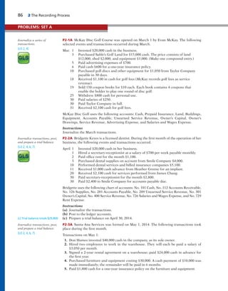 86 2 The Recording Process
P2-1A McKay Disc Golf Course was opened on March 1 by Evan McKay. The following
selected events and transactions occurred during March.
Mar. 1 Invested $20,000 cash in the business.
3 Purchased Sable’s Golf Land for $15,000 cash. The price consists of land
$12,000, shed $2,000, and equipment $1,000. (Make one compound entry.)
5 Paid advertising expenses of $700.
6 Paid cash $600 for a one-year insurance policy.
10 Purchased golf discs and other equipment for $1,050 from Taylor Company
payable in 30 days.
18 Received $1,100 in cash for golf fees (McKay records golf fees as service
revenue).
19 Sold 150 coupon books for $10 each. Each book contains 4 coupons that
enable the holder to play one round of disc golf.
25 Withdrew $800 cash for personal use.
30 Paid salaries of $250.
30 Paid Taylor Company in full.
31 Received $2,100 cash for golf fees.
McKay Disc Golf uses the following accounts: Cash, Prepaid Insurance, Land, Buildings,
Equipment, Accounts Payable, Unearned Service Revenue, Owner’s Capital, Owner’s
Drawings, Service Revenue, Advertising Expense, and Salaries and Wages Expense.
Instructions
Journalize the March transactions.
P2-2A Bridgette Keyes is a licensed dentist. During the first month of the operation of her
business, the following events and transactions occurred.
April 1 Invested $20,000 cash in her business.
1 Hired a secretary-receptionist at a salary of $700 per week payable monthly.
2 Paid office rent for the month $1,100.
3 Purchased dental supplies on account from Smile Company $4,000.
10 Performed dental services and billed insurance companies $5,100.
11 Received $1,000 cash advance from Heather Greene for an implant.
20 Received $2,100 cash for services performed from James Chang.
30 Paid secretary-receptionist for the month $2,800.
30 Paid $2,400 to Smile Company for accounts payable due.
Bridgette uses the following chart of accounts: No. 101 Cash, No. 112 Accounts Receivable,
No. 126 Supplies, No. 201 Accounts Payable, No. 209 Unearned Service Revenue, No. 301
Owner’s Capital, No. 400 Service Revenue, No. 726 Salaries and Wages Expense, and No. 729
Rent Expense.
Instructions
(a) Journalize the transactions.
(b) Post to the ledger accounts.
(c) Prepare a trial balance on April 30, 2014.
P2-3A Santa Ana Services was formed on May 1, 2014. The following transactions took
place during the first month.
Transactions on May 1:
1. Don Humes invested $40,000 cash in the company, as its sole owner.
2. Hired two employees to work in the warehouse. They will each be paid a salary of
$3,050 per month.
3. Signed a 2-year rental agreement on a warehouse; paid $24,000 cash in advance for
the first year.
4. Purchased furniture and equipment costing $30,000. A cash payment of $10,000 was
made immediately; the remainder will be paid in 6 months.
5. Paid $1,800 cash for a one-year insurance policy on the furniture and equipment.
Journalize a series of
transactions.
(LO 2, 4)
Journalize transactions, post,
and prepare a trial balance.
(LO 2, 4, 6, 7)
(c) Trial balance totals $29,800
Journalize transactions, post,
and prepare a trial balance.
(LO 2, 4, 6, 7)
PROBLEMS: SET A
 