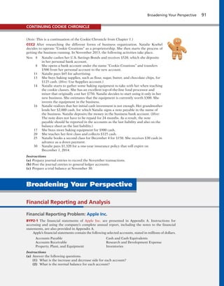 Broadening Your Perspective 91
(Note: This is a continuation of the Cookie Chronicle from Chapter 1.)
CCC2 After researching the different forms of business organization. Natalie Koebel
decides to operate “Cookie Creations” as a proprietorship. She then starts the process of
getting the business running. In November 2013, the following activities take place.
Nov. 8 Natalie cashes her U.S. Savings Bonds and receives $520, which she deposits
in her personal bank account.
8 She opens a bank account under the name “Cookie Creations” and transfers
$500 from her personal account to the new account.
11 Natalie pays $65 for advertising.
13 She buys baking supplies, such as flour, sugar, butter, and chocolate chips, for
$125 cash. (Hint: Use Supplies account.)
14 Natalie starts to gather some baking equipment to take with her when teaching
the cookie classes. She has an excellent top-of-the-line food processor and
mixer that originally cost her $750. Natalie decides to start using it only in her
new business. She estimates that the equipment is currently worth $300. She
invests the equipment in the business.
16 Natalie realizes that her initial cash investment is not enough. Her grandmother
lends her $2,000 cash, for which Natalie signs a note payable in the name of
the business. Natalie deposits the money in the business bank account. (Hint:
The note does not have to be repaid for 24 months. As a result, the note
payable should be reported in the accounts as the last liability and also on the
balance sheet as the last liability.)
17 She buys more baking equipment for $900 cash.
20 She teaches her first class and collects $125 cash.
25 Natalie books a second class for December 4 for $150. She receives $30 cash in
advance as a down payment.
30 Natalie pays $1,320 for a one-year insurance policy that will expire on
December 1, 2014.
Instructions
(a) Prepare journal entries to record the November transactions.
(b) Post the journal entries to general ledger accounts.
(c) Prepare a trial balance at November 30.
CONTINUING COOKIE CHRONICLE
Financial Reporting and Analysis
Financial Reporting Problem: Apple Inc.
BYP2-1 The financial statements of Apple Inc. are presented in Appendix A. Instructions for
accessing and using the company’s complete annual report, including the notes to the financial
statements, are also provided in Appendix A.
Apple’s financial statements contain the following selected accounts, stated in millions of dollars.
Accounts Payable Cash and Cash Equivalents
Accounts Receivable Research and Development Expense
Property, Plant, and Equipment Inventories
Instructions
(a) Answer the following questions.
(1) What is the increase and decrease side for each account?
(2) What is the normal balance for each account?
Broadening Your Perspective
 