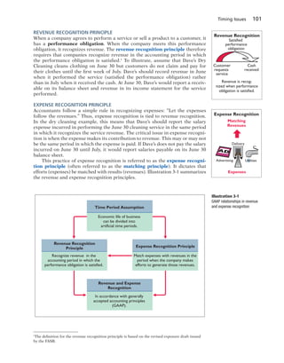 Timing Issues 101
REVENUE RECOGNITION PRINCIPLE
When a company agrees to perform a service or sell a product to a customer, it
has a performance obligation. When the company meets this performance
obligation, it recognizes revenue. The revenue recognition principle therefore
requires that companies recognize revenue in the accounting period in which
the performance obligation is satisfied.1
To illustrate, assume that Dave’s Dry
Cleaning cleans clothing on June 30 but customers do not claim and pay for
their clothes until the first week of July. Dave’s should record revenue in June
when it performed the service (satisfied the performance obligation) rather
than in July when it received the cash. At June 30, Dave’s would report a receiv-
able on its balance sheet and revenue in its income statement for the service
performed.
EXPENSE RECOGNITION PRINCIPLE
Accountants follow a simple rule in recognizing expenses: “Let the expenses
follow the revenues.” Thus, expense recognition is tied to revenue recognition.
In the dry cleaning example, this means that Dave’s should report the salary
expense incurred in performing the June 30 cleaning service in the same period
in which it recognizes the service revenue. The critical issue in expense recogni-
tion is when the expense makes its contribution to revenue. This may or may not
be the same period in which the expense is paid. If Dave’s does not pay the salary
incurred on June 30 until July, it would report salaries payable on its June 30
balance sheet.
This practice of expense recognition is referred to as the expense recogni-
tion principle (often referred to as the matching principle). It dictates that
efforts (expenses) be matched with results (revenues). Illustration 3-1 summarizes
the revenue and expense recognition principles.
1
The definition for the revenue recognition principle is based on the revised exposure draft issued
by the FASB.
Matching
Revenues
Expenses
Advertising
Delivery
Utilities
Expense Recognition
Illustration 3-1
GAAP relationships in revenue
and expense recognition
Revenue and Expense
Recognition
In accordance with generally
accepted accounting principles
(GAAP).
Expense Recognition Principle
Match expenses with revenues in the
period when the company makes
efforts to generate those revenues.
Time Period Assumption
Economic life of business
can be divided into
artificial time periods.
Revenue Recognition
Principle
Recognize revenue in the
accounting period in which the
performance obligation is satisfied.
Revenue is recog-
nized when performance
obligation is satisfied.
Revenue Recognition
Customer
requests
service
Satisfied
performance
obligation
Cash
received
 