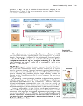 The Basics of Adjusting Entries 105
($2,500 2 $1,000). This use of supplies decreases an asset, Supplies. It also
decreases owner’s equity by increasing an expense account, Supplies Expense.
This is shown in Illustration 3-5.
Illustration 3-5
Adjustment for supplies
Debit–Credit
Analysis
Journal
Entry
Posting
Basic
Analysis
Equation
Analysis
Oct. 5 2,500
Oct.31 Bal. 1,000
Oct. 31 Adj. 1,500
Supplies 126 631
Oct. 31 Adj. 1,500
Oct. 31 Bal. 1,500
Supplies Expense
Debits increase expenses: debit Supplies Expense $1,500.
Credits decrease assets: credit Supplies $1,500.
Oct. 31 Supplies Expense
Supplies
(To record supplies used)
1,500
1,500
The expense Supplies Expense is increased $1,500, and the asset
Supplies is decreased $1,500.
Assets
Supplies
–$1,500
=
=
+Liabilities Owner’s Equity
Supplies Expense
–$1,500
(1)
After adjustment, the asset account Supplies shows a balance of $1,000,
which is equal to the cost of supplies on hand at the statement date. In addition,
Supplies Expense shows a balance of $1,500, which equals the cost of supplies
used in October. If Pioneer does not make the adjusting entry, October
expenses are understated and net income is overstated by $1,500. More-
over, both assets and owner’s equity will be overstated by $1,500 on the
October 31 balance sheet.
INSURANCE Companies purchase insurance to protect themselves from losses
due to fire, theft, and unforeseen events. Insurance must be paid in advance,
often for more than one year. The cost of insurance (premiums) paid in advance
is recorded as an increase (debit) in the asset account Prepaid Insurance. At the
financial statement date, companies increase (debit) Insurance Expense and
decrease (credit) Prepaid Insurance for the cost of insurance that has expired
during the period.
On October 4, Pioneer Advertising paid $600 for a one-year fire insurance
policy. Coverage began on October 1. Pioneer recorded the payment by increas-
ing (debiting) Prepaid Insurance. This account shows a balance of $600 in the
October 31 trial balance. Insurance of $50 ($600 4 12) expires each month. The
expiration of prepaid insurance decreases an asset, Prepaid Insurance. It also
decreases owner’s equity by increasing an expense account, Insurance Expense.
As shown in Illustration 3-6 (page 106), the asset Prepaid Insurance shows a
balance of $550, which represents the unexpired cost for the remaining 11 months
of coverage. At the same time, the balance in Insurance Expense equals the insur-
ance cost that expired in October. If Pioneer does not make this adjustment,
October expenses are understated by $50 and net income is overstated by
$50. Moreover, both assets and owner’s equity will be overstated by $50 on
the October 31 balance sheet.
Insurance Policy
Nov
$50
Dec
$50
Jan
$50
Feb
$50
March
$50
April
$50
May
$50
June
$50
July
$50
Aug
$50
Sept
$50
1 YEAR $600
Oct
$50
FIRE INSURANCE
1 year
insurance policy
$600
Insurance expired;
record insurance expense
Insurance purchased;
record asset
Oct. 4
Oct. 31
Insurance
 