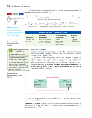 112 3 Adjusting the Accounts
On November 10, Pioneer receives cash of $200 for the services performed in
October and makes the following entry.
Nov. 10 Cash 200
Accounts Receivable 200
(To record cash collected on account)
The company records the collection of the receivables by a debit (increase) to
Cash and a credit (decrease) to Accounts Receivable.
Illustration 3-15 summarizes the accounting for accrued revenues.
A OEL5 1
1200
2200
Cash Flows
1200
Illustration 3-15
Accounting for accrued
revenues
Reason for Accounts Before Adjusting
Examples Adjustment Adjustment Entry
Interest, rent, Services performed Assets Dr. Assets
services but not yet received understated. Cr. Revenues
in cash or recorded. Revenues
understated.
ACCOUNTING FOR ACCRUED REVENUES
ACCRUED EXPENSES
Expenses incurred but not yet paid or recorded at the statement date
are called accrued expenses. Interest, taxes, and salaries are common
examples of accrued expenses.
Companies make adjustments for accrued expenses to record the
obligations that exist at the balance sheet date and to recognize the
expenses that apply to the current accounting period. Prior to adjust-
ment, both liabilities and expenses are understated. Therefore, as Illus-
tration 3-16 shows, an adjusting entry for accrued expenses results in
an increase (a debit) to an expense account and an increase (a
credit) to a liability account.
Illustration 3-16
Adjusting entries for accrued
expenses Accrued Expenses
Expense Liability
Credit
Adjusting
Entry (+)
Debit
Adjusting
Entry (+)
Let’s look in more detail at some specific types of accrued expenses, begin-
ning with accrued interest.
ACCRUED INTEREST Pioneer Advertising signed a three-month note payable in
the amount of $5,000 on October 1. The note requires Pioneer to pay interest at
an annual rate of 12%.
Equation analyses
summarize the effects of
transactions on the three
elements of the accounting
equation, as well as the
effect on cash flows.
A report released by Fannie
Mae’s board of directors stated
that improper adjusting en-
tries at the mortgage-ﬁnance
company resulted in delayed
recognition of expenses caused
by interest rate changes. The
motivation for such accounting
apparently was the desire to hit
earnings estimates.
Ethics Note
 