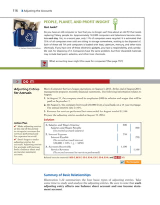 116 3 Adjusting the Accounts
Summary of Basic Relationships
Illustration 3-22 summarizes the four basic types of adjusting entries. Take
some time to study and analyze the adjusting entries. Be sure to note that each
adjusting entry affects one balance sheet account and one income state-
ment account.
PEOPLE, PLANET, AND PROFIT INSIGHT
Got Junk?
Do you have an old computer or two that you no longer use? How about an old TV that needs
replacing? Many people do. Approximately 163,000 computers and televisions become obso-
lete each day. Yet, in a recent year, only 11% of computers were recycled. It is estimated that
75% of all computers ever sold are sitting in storage somewhere, waiting to be disposed of.
Each of these old TVs and computers is loaded with lead, cadmium, mercury, and other toxic
chemicals. If you have one of these electronic gadgets, you have a responsibility, and a proba-
ble cost, for disposing of it. Companies have the same problem, but their discarded materials
may include lead paint, asbestos, and other toxic chemicals.
© Nathan Gleave/iStockphoto
What accounting issue might this cause for companies? (See page 157.)
?
1. Salaries and Wages Expense 800
Salaries and Wages Payable 800
(To record accrued salaries)
2. Interest Expense 250
Interest Payable 250
(To record accrued interest:
$30,000 3 10% 3 1
12
5 $250)
3. Accounts Receivable 1,100
Service Revenue 1,100
(To record revenue for services performed)
Adjusting Entries
for Accruals
Action Plan
✔ Make adjusting entries
at the end of the period
to recognize revenues for
services performed and
for expenses incurred.
✔ Don’t forget to make
adjusting entries for
accruals. Adjusting entries
for accruals will increase
both a balance sheet and
an income statement
account.
Related exercise material: BE3-2, BE3-7, E3-5, E3-6, E3-7, E3-8, E3-9, and DO IT! 3-3.
> DO IT!
✔ The Navigator
Micro Computer Services began operations on August 1, 2014. At the end of August 2014,
management prepares monthly financial statements. The following information relates to
August.
1. At August 31, the company owed its employees $800 in salaries and wages that will be
paid on September 1.
2. On August 1, the company borrowed $30,000 from a local bank on a 15-year mortgage.
The annual interest rate is 10%.
3. Revenue for services performed but unrecorded for August totaled $1,100.
Prepare the adjusting entries needed at August 31, 2014.
Solution
 