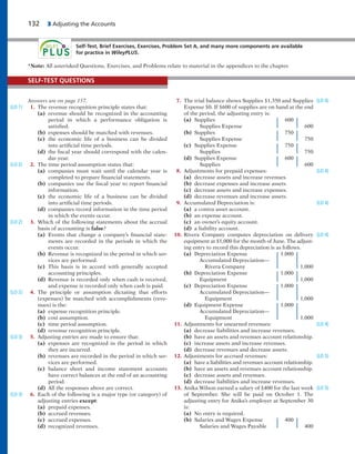 132 3 Adjusting the Accounts
Self-Test, Brief Exercises, Exercises, Problem Set A, and many more components are available
for practice in WileyPLUS.
Answers are on page 157.
1. The revenue recognition principle states that:
(a) revenue should be recognized in the accounting
period in which a performance obligation is
satisfied.
(b) expenses should be matched with revenues.
(c) the economic life of a business can be divided
into artificial time periods.
(d) the fiscal year should correspond with the calen-
dar year.
2. The time period assumption states that:
(a) companies must wait until the calendar year is
completed to prepare financial statements.
(b) companies use the fiscal year to report financial
information.
(c) the economic life of a business can be divided
into artificial time periods.
(d) companies record information in the time period
in which the events occur.
3. Which of the following statements about the accrual
basis of accounting is false?
(a) Events that change a company’s financial state-
ments are recorded in the periods in which the
events occur.
(b) Revenue is recognized in the period in which ser-
vices are performed.
(c) This basis is in accord with generally accepted
accounting principles.
(d) Revenue is recorded only when cash is received,
and expense is recorded only when cash is paid.
4. The principle or assumption dictating that efforts
(expenses) be matched with accomplishments (reve-
nues) is the:
(a) expense recognition principle.
(b) cost assumption.
(c) time period assumption.
(d) revenue recognition principle.
5. Adjusting entries are made to ensure that:
(a) expenses are recognized in the period in which
they are incurred.
(b) revenues are recorded in the period in which ser-
vices are performed.
(c) balance sheet and income statement accounts
have correct balances at the end of an accounting
period.
(d) All the responses above are correct.
6. Each of the following is a major type (or category) of
adjusting entries except:
(a) prepaid expenses.
(b) accrued revenues.
(c) accrued expenses.
(d) recognized revenues.
(LO 1)
(LO 2)
(LO 2)
(LO 2)
(LO 3)
(LO 3)
7. The trial balance shows Supplies $1,350 and Supplies
Expense $0. If $600 of supplies are on hand at the end
of the period, the adjusting entry is:
(a) Supplies 600
Supplies Expense 600
(b) Supplies 750
Supplies Expense 750
(c) Supplies Expense 750
Supplies 750
(d) Supplies Expense 600
Supplies 600
8. Adjustments for prepaid expenses:
(a) decrease assets and increase revenues.
(b) decrease expenses and increase assets.
(c) decrease assets and increase expenses.
(d) decrease revenues and increase assets.
9. Accumulated Depreciation is:
(a) a contra asset account.
(b) an expense account.
(c) an owner’s equity account.
(d) a liability account.
10. Rivera Company computes depreciation on delivery
equipment at $1,000 for the month of June. The adjust-
ing entry to record this depreciation is as follows.
(a) Depreciation Expense 1,000
Accumulated Depreciation—
Rivera Company 1,000
(b) Depreciation Expense 1,000
Equipment 1,000
(c) Depreciation Expense 1,000
Accumulated Depreciation—
Equipment 1,000
(d) Equipment Expense 1,000
Accumulated Depreciation—
Equipment 1,000
11. Adjustments for unearned revenues:
(a) decrease liabilities and increase revenues.
(b) have an assets and revenues account relationship.
(c) increase assets and increase revenues.
(d) decrease revenues and decrease assets.
12. Adjustments for accrued revenues:
(a) have a liabilities and revenues account relationship.
(b) have an assets and revenues account relationship.
(c) decrease assets and revenues.
(d) decrease liabilities and increase revenues.
13. Anika Wilson earned a salary of $400 for the last week
of September. She will be paid on October 1. The
adjusting entry for Anika’s employer at September 30
is:
(a) No entry is required.
(b) Salaries and Wages Expense 400
Salaries and Wages Payable 400
(LO 4)
(LO 4)
(LO 4)
(LO 4)
(LO 4)
(LO 5)
(LO 5)
SELF-TEST QUESTIONS
*Note: All asterisked Questions, Exercises, and Problems relate to material in the appendices to the chapter.
 