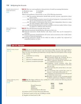 136 3 Adjusting the Accounts
*BE3-14 Here are some qualitative characteristics of useful accounting information:
1. Predictive value 3. Verifiable
2. Neutral 4. Timely
Match each qualitative characteristic to one of the following statements.
________ (a) Accounting information should help provide accurate expectations about
future events.
________ (b) Accounting information cannot be selected, prepared, or presented to favor
one set of interested users over another.
________ (c) The quality of information that occurs when independent observers, using
the same methods, obtain similar results.
________ (d) Accounting information must be available to decision-makers before it loses
its capacity to influence their decisions.
*BE3-15 The full disclosure principle dictates that:
(a) financial statements should disclose all assets at their cost.
(b) financial statements should disclose only those events that can be measured in
currency.
(c) financial statements should disclose all events and circumstances that would matter
to users of financial statements.
(d) financial statements should not be relied on unless an auditor has expressed an
unqualified opinion on them.
Identify characteristics of
useful information.
(LO 8)
Define full disclosure
principle.
(LO 8)
DO IT! 3-1 Several timing concepts are discussed on pages 100–101. A list of concepts is
provided below in the left column, with a description of the concept in the right column.
There are more descriptions provided than concepts. Match the description of the concept
to the concept.
1. ____ Cash-basis accounting.
2. ____ Fiscal year.
3. ____ Revenue recognition principle.
4. ____ Expense recognition principle.
Identify timing concepts.
(LO 1, 2)
> DO IT! Review
(a) Monthly and quarterly time periods.
(b) Accountants divide the economic life of a
business into artificial time periods.
(c) Efforts (expenses) should be matched with
accomplishments (revenues).
(d) Companies record revenues when they
receive cash and record expenses when they
pay out cash.
(e) An accounting time period that is one year
in length.
(f) An accounting time period that starts on
January 1 and ends on December 31.
(g) Companies record transactions in the period
in which the events occur.
(h) Recognize revenue in the accounting period
in which a performance obligation is satisfied.
DO IT! 3-2 The ledger of Herrera, Inc. on March 31, 2014, includes the following selected
accounts before adjusting entries.
Debit Credit
Prepaid Insurance 2,400
Supplies 2,500
Equipment 30,000
Unearned Service Revenue 9,000
An analysis of the accounts shows the following.
1. Insurance expires at the rate of $300 per month.
2. Supplies on hand total $1,100.
Prepare adjusting entries
for deferrals.
(LO 4)
 