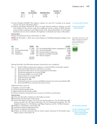 Problems: Set A 147
Term Number of
Date (in months) Monthly Rent Leases
Nov. 1 9 $5,000 5
Dec. 1 6 $8,500 4
3. Notes Payable $120,000. This balance consists of a note for 9 months at an annual
interest rate of 9%, dated November 1.
4. Salaries and Wages Payable $0. There are eight salaried employees. Salaries are paid
every Friday for the current week. Five employees receive a salary of $700 each per
week, and three employees earn $500 each per week. Assume December 31 is a Tuesday.
Employees do not work weekends. All employees worked the last 2 days of December.
Instructions
Prepare the adjusting entries at December 31, 2014.
P3-5A On November 1, 2014, the account balances of Schilling Equipment Repair were
as follows.
3. Interest expense $1,800
4. Salaries and wages
expense $2,000
Journalize transactions and
follow through accounting
cycle to preparation of
financial statements.
(LO 4, 5, 6)
During November, the following summary transactions were completed.
Nov. 8 Paid $1,700 for salaries due employees, of which $700 is for October salaries.
10 Received $3,420 cash from customers on account.
12 Received $3,100 cash for services performed in November.
15 Purchased equipment on account $2,000.
17 Purchased supplies on account $700.
20 Paid creditors on account $2,700.
22 Paid November rent $400.
25 Paid salaries $1,700.
27 Performed services on account and billed customers for services provided $1,900.
29 Received $600 from customers for future service.
Adjustment data consist of:
1. Supplies on hand $1,400.
2. Accrued salaries payable $350.
3. Depreciation for the month is $200.
4. Services related to unearned service revenue of $1,250 were performed.
Instructions
(a) Enter the November 1 balances in the ledger accounts.
(b) Journalize the November transactions.
(c) Post to the ledger accounts. Use J1 for the posting reference. Use the following addi-
tional accounts: No. 407 Service Revenue, No. 615 Depreciation Expense, No. 631
Supplies Expense, No. 726 Salaries and Wages Expense, and No. 729 Rent Expense.
(d) Prepare a trial balance at November 30.
(e) Journalize and post adjusting entries.
(f) Prepare an adjusted trial balance.
(g) Prepare an income statement and an owner’s equity statement for November and a
balance sheet at November 30.
(d) Trial balance $25,350
(f) Adj. trial balance $25,900
(g) Net income $1,500;
Ending capital $15,450
Total assets $18,950
No. Debit No. Credit
101 Cash $ 2,400 154 Accumulated Depreciation—Equipment $ 2,000
112 Accounts Receivable 4,250 201 Accounts Payable 2,600
126 Supplies 1,800 209 Unearned Service Revenue 1,200
153 Equipment 12,000 212 Salaries and Wages Payable 700
301 Owner’s Capital 13,950
$20,450 $20,450
 