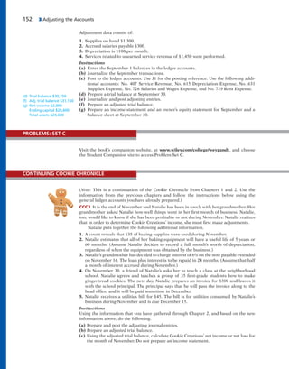 152 3 Adjusting the Accounts
Adjustment data consist of:
1. Supplies on hand $1,300.
2. Accrued salaries payable $300.
3. Depreciation is $100 per month.
4. Services related to unearned service revenue of $1,450 were performed.
Instructions
(a) Enter the September 1 balances in the ledger accounts.
(b) Journalize the September transactions.
(c) Post to the ledger accounts. Use J1 for the posting reference. Use the following addi-
tional accounts: No. 407 Service Revenue, No. 615 Depreciation Expense, No. 631
Supplies Expense, No. 726 Salaries and Wages Expense, and No. 729 Rent Expense.
(d) Prepare a trial balance at September 30.
(e) Journalize and post adjusting entries.
(f) Prepare an adjusted trial balance.
(g) Prepare an income statement and an owner’s equity statement for September and a
balance sheet at September 30.
(d) Trial balance $30,750
(f) Adj. trial balance $31,150
(g) Net income $2,000
Ending capital $20,600
Total assets $24,600
Visit the book’s companion website, at www.wiley.com/college/weygandt, and choose
the Student Companion site to access Problem Set C.
PROBLEMS: SET C
(Note: This is a continuation of the Cookie Chronicle from Chapters 1 and 2. Use the
information from the previous chapters and follow the instructions below using the
general ledger accounts you have already prepared.)
CCC3 It is the end of November and Natalie has been in touch with her grandmother. Her
grandmother asked Natalie how well things went in her first month of business. Natalie,
too, would like to know if she has been profitable or not during November. Natalie realizes
that in order to determine Cookie Creations’ income, she must first make adjustments.
Natalie puts together the following additional information.
1. A count reveals that $35 of baking supplies were used during November.
2. Natalie estimates that all of her baking equipment will have a useful life of 5 years or
60 months. (Assume Natalie decides to record a full month’s worth of depreciation,
regardless of when the equipment was obtained by the business.)
3. Natalie’s grandmother has decided to charge interest of 6% on the note payable extended
on November 16. The loan plus interest is to be repaid in 24 months. (Assume that half
a month of interest accrued during November.)
4. On November 30, a friend of Natalie’s asks her to teach a class at the neighborhood
school. Natalie agrees and teaches a group of 35 first-grade students how to make
gingerbread cookies. The next day, Natalie prepares an invoice for $300 and leaves it
with the school principal. The principal says that he will pass the invoice along to the
head office, and it will be paid sometime in December.
5. Natalie receives a utilities bill for $45. The bill is for utilities consumed by Natalie’s
business during November and is due December 15.
Instructions
Using the information that you have gathered through Chapter 2, and based on the new
information above, do the following.
(a) Prepare and post the adjusting journal entries.
(b) Prepare an adjusted trial balance.
(c) Using the adjusted trial balance, calculate Cookie Creations’ net income or net loss for
the month of November. Do not prepare an income statement.
CONTINUING COOKIE CHRONICLE
 