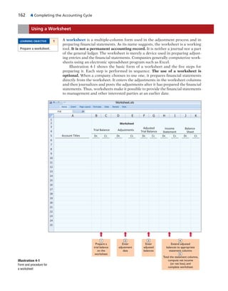 162 4 Completing the Accounting Cycle
A worksheet is a multiple-column form used in the adjustment process and in
preparing financial statements. As its name suggests, the worksheet is a working
tool. It is not a permanent accounting record. It is neither a journal nor a part
of the general ledger. The worksheet is merely a device used in preparing adjust-
ing entries and the financial statements. Companies generally computerize work-
sheets using an electronic spreadsheet program such as Excel.
Illustration 4-1 shows the basic form of a worksheet and the five steps for
preparing it. Each step is performed in sequence. The use of a worksheet is
optional. When a company chooses to use one, it prepares financial statements
directly from the worksheet. It enters the adjustments in the worksheet columns
and then journalizes and posts the adjustments after it has prepared the financial
statements. Thus, worksheets make it possible to provide the financial statements
to management and other interested parties at an earlier date.
Using a Worksheet
LEARNING OBJECTIVE 1
Prepare a worksheet.
Formulas Data Review ViewPage LayoutInsert
A
P18 fx
E F GB C D H J KI
Worksheet.xlsWorksheet.xls
Home
1
2
3
4
5
6
7
8
9
10
11
12
13
14
15
16
17
18
19
20
21
22
23
24
25
Dr. Cr. Dr. Cr. Dr. Cr. Dr. Cr. Dr. Cr.Account Titles
Trial Balance Adjustments
Adjusted
Trial Balance
Income
Statement
Balance
Sheet
Worksheet
Extend adjusted
balances to appropriate
statement columns
Total the statement columns,
compute net income
(or net loss), and
complete worksheet
Enter
adjustment
data
2 4
5
Prepare a
trial balance
on the
worksheet
1
Enter
adjusted
balances
3
Illustration 4-1
Form and procedure for
a worksheet
 