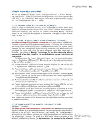 Using a Worksheet 163
Steps in Preparing a Worksheet
We will use the October 31 trial balance and adjustment data of Pioneer Advertis-
ing Agency from Chapter 3 to illustrate how to prepare a worksheet. We describe
each step of the process and demonstrate these steps in Illustration 4-2 (page
164) and transparencies 4-3A, B, C, and D.
STEP 1. PREPARE A TRIAL BALANCE ON THE WORKSHEET
Enter all ledger accounts with balances in the account titles column. Enter debit
and credit amounts from the ledger in the trial balance columns. Illustration 4-2
shows the worksheet trial balance for Pioneer Advertising Agency. This trial
balance is the same one that appears in Illustration 2-31 (page 73) and Illustra-
tion 3-3 (page 103).
STEP 2. ENTER THE ADJUSTMENTS IN THE ADJUSTMENTS COLUMNS
Turn over the first transparency, Illustration 4-3A. When using a worksheet,
enter all adjustments in the adjustments columns. In entering the adjustments,
use applicable trial balance accounts. If additional accounts are needed, insert
them on the lines immediately below the trial balance totals. A different letter
identifies the debit and credit for each adjusting entry. The term used to
describe this process is keying. Companies do not journalize the adjust-
ments until after they complete the worksheet and prepare the financial
statements.
The adjustments for Pioneer Advertising Agency are the same as the adjust-
ments in Illustration 3-23 (page 117). They are keyed in the adjustments columns
of the worksheet as follows.
(a) Pioneer debits an additional account, Supplies Expense, $1,500 for the cost
of supplies used, and credits Supplies $1,500.
(b) Pioneer debits an additional account, Insurance Expense, $50 for the insur-
ance that has expired, and credits Prepaid Insurance $50.
(c) The company needs two additional depreciation accounts. It debits Depre-
ciation Expense $40 for the month’s depreciation, and credits Accumulated
Depreciation—Equipment $40.
(d) Pioneer debits Unearned Service Revenue $400 for services performed, and
credits Service Revenue $400.
(e) Pioneer debits an additional account, Accounts Receivable, $200 for services
performed but not billed, and credits Service Revenue $200.
(f) The company needs two additional accounts relating to interest. It debits
Interest Expense $50 for accrued interest, and credits Interest Payable $50.
(g) Pioneer debits Salaries and Wages Expense $1,200 for accrued salaries, and
credits an additional account, Salaries and Wages Payable, $1,200.
After Pioneer has entered all the adjustments, the adjustments columns are totaled
to prove their equality.
STEP 3. ENTER ADJUSTED BALANCES IN THE ADJUSTED TRIAL
BALANCE COLUMNS
Turn over the second transparency, Illustration 4-3B. Pioneer determines the
adjusted balance of an account by combining the amounts entered in the first four
columns of the worksheet for each account. For example, the Prepaid Insurance
account in the trial balance columns has a $600 debit balance and a $50 credit in
the adjustments columns. The result is a $550 debit balance recorded in the
adjusted trial balance columns. For each account, the amount in the adjusted
(Note: Text continues on
page 165, following acetate
overlays.)
 