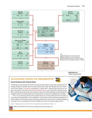 Closing the Books 171
4,000
1,200
Salaries and Wages
Expense
5,200
5,200
5,200
(2)
726
900
Rent
Expense
900(2)
729
50
Insurance
Expense
50(2)
722
40
Depreciation
Expense
40(2)
711
50
Interest
Expense
50(2)
905
1,500
Supplies
Expense
1,500(2)
631
500
Owner’s
Capital
10,000
2,860
Bal. 12,360
(3)
301
(4)
10,600
Service
Revenue
10,600
10,000
400
200
10,600
400
(1)
500
Owner’s
Drawings
500(4)
306
7,740
2,860
Income
Summary
10,600
10,600
10,600
(1)
350
(2)
(3)
2
2
3
4
1
Key:
Close Revenues to Income Summary.
Close Expenses to Income Summary.
Close Income Summary to Owner’s Capital.
Close Owner’s Drawings to Owner’s Capital.
2
4
1
3
Illustration 4-8
Posting of closing entries
?
Who else beneﬁts from a shorter closing process? (See page 211.)
ACCOUNTING ACROSS THE ORGANIZATION
Cisco Performs the Virtual Close
Technology has dramatically shortened the closing process. Recent surveys have reported that the
average company now takes only six to seven days to close, rather than 20 days. But a few compa-
nies do much better. Cisco Systems can perform a “virtual close”—closing within 24 hours on any
day in the quarter. The same is true at Lockheed Martin Corp., which improved its closing time by
85% in just the last few years. Not very long ago, it took 14 to 16 days. Managers at these companies
emphasize that this increased speed has not reduced the accuracy and completeness of the data.
This is not just showing off. Knowing exactly where you are ﬁnancially all of the time allows
the company to respond faster than competitors. It also means that the hundreds of people who
used to spend 10 to 20 days a quarter tracking transactions can now be more usefully employed
on things such as mining data for business intelligence to ﬁnd new business opportunities.
Source: “Reporting Practices: Few Do It All,” Financial Executive (November 2003), p. 11.
©SteveCole/iStockphoto
 