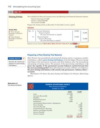 172 4 Completing the Accounting Cycle
Preparing a Post-Closing Trial Balance
After Pioneer has journalized and posted all closing entries, it prepares another
trial balance, called a post-closing trial balance, from the ledger. The post-closing
trial balance lists permanent accounts and their balances after the journalizing
and posting of closing entries. The purpose of the post-closing trial balance is to
prove the equality of the permanent account balances carried forward into
the next accounting period. Since all temporary accounts will have zero balances,
the post-closing trial balance will contain only permanent—balance sheet—
accounts.
Illustration 4-9 shows the post-closing trial balance for Pioneer Advertising
Agency.
LEARNING OBJECTIVE 3
Describe the content and
purpose of a post-closing
trial balance.
Illustration 4-9
Post-closing trial balance
The worksheet for Hancock Company shows the following in the financial statement columns:
Owner’s drawings $15,000
Owner’s capital $42,000
Net income $18,000
Prepare the closing entries at December 31 that affect owner’s capital.
Solution
Closing Entries
> DO IT!
Action Plan
✔ Close Income
Summary to Owner’s
Capital.
✔ Close Owner’s
Drawings to Owner’s
Capital.
Dec. 31 Income Summary 18,000
Owner’s Capital 18,000
(To close net income to capital)
31 Owner’s Capital 15,000
Owner’s Drawings 15,000
(To close drawings to capital)
Related exercise material: BE4-4, BE4-5, BE4-6, E4-4, E4-7, E4-8, E4-11, and DO IT! 4-2.
✔ The Navigator
PIONEER ADVERTISING AGENCY
Post-Closing Trial Balance
October 31, 2014
Debit Credit
Cash $ 15,200
Accounts Receivable 200
Supplies 1,000
Prepaid Insurance 550
Equipment 5,000
Accumulated Depreciation—Equipment $ 40
Notes Payable 5,000
Accounts Payable 2,500
Unearned Service Revenue 800
Salaries and Wages Payable 1,200
Interest Payable 50
Owner’s Capital 12,360
$21,950 $21,950
 