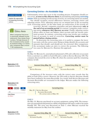 176 4 Completing the Accounting Cycle
Correcting Entries—An Avoidable Step
Unfortunately, errors may occur in the recording process. Companies should cor-
rect errors, as soon as they discover them, by journalizing and posting correcting
entries. If the accounting records are free of errors, no correcting entries are needed.
You should recognize several differences between correcting entries and
adjusting entries. First, adjusting entries are an integral part of the accounting
cycle. Correcting entries, on the other hand, are unnecessary if the records are
error-free. Second, companies journalize and post adjustments only at
the end of an accounting period. In contrast, companies make correct-
ing entries whenever they discover an error. Finally, adjusting entries
always affect at least one balance sheet account and one income state-
ment account. In contrast, correcting entries may involve any combina-
tion of accounts in need of correction. Correcting entries must be
posted before closing entries.
To determine the correcting entry, it is useful to compare the incor-
rect entry with the correct entry. Doing so helps identify the accounts and
amounts that should—and should not—be corrected. After comparison,
the accountant makes an entry to correct the accounts. The following
two cases for Mercato Co. illustrate this approach.
CASE 1
On May 10, Mercato Co. journalized and posted a $50 cash collection on account
from a customer as a debit to Cash $50 and a credit to Service Revenue $50. The
company discovered the error on May 20, when the customer paid the remaining
balance in full.
Comparison of the incorrect entry with the correct entry reveals that the
debit to Cash $50 is correct. However, the $50 credit to Service Revenue should
have been credited to Accounts Receivable. As a result, both Service Revenue and
Accounts Receivable are overstated in the ledger. Mercato makes the following
correcting entry.
Illustration 4-13
Comparison of entries
Incorrect Entry (May 10) Correct Entry (May 10)
Cash 50 Cash 50
Service Revenue 50 Accounts Receivable 50
Illustration 4-15
Comparison of entries
Incorrect Entry (May 18) Correct Entry (May 18)
Equipment 45 Equipment 450
Accounts Payable 45 Accounts Payable 450
CASE 2
On May 18, Mercato purchased on account equipment costing $450. The transac-
tion was journalized and posted as a debit to Equipment $45 and a credit to Accounts
Payable $45. The error was discovered on June 3, when Mercato received the
monthly statement for May from the creditor.
A OEL5 1
250 Rev
250
Cash Flows
no effect
Illustration 4-14
Correcting entry
Correcting Entry
May 20 Service Revenue 50
Accounts Receivable 50
(To correct entry of May 10)
When companies ﬁnd errors
in previously released income
statements, they restate those
numbers. Perhaps because of
the increased scrutiny caused
by Sarbanes-Oxley, in a recent
year companies ﬁled a record
1,195 restatements.
Ethics Note
LEARNING OBJECTIVE 5
Explain the approaches
to preparing correcting
entries.
 