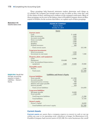 178 4 Completing the Accounting Cycle
These groupings help financial statement readers determine such things as
(1) whether the company has enough assets to pay its debts as they come due, and
(2) the claims of short- and long-term creditors on the company’s total assets. Many of
these groupings can be seen in the balance sheet of Franklin Company shown in Illus-
tration 4-18 below. In the sections that follow, we explain each of these groupings.
Illustration 4-18
Classified balance sheet
Helpful Hint Recall that
the basic accounting
equation is Assets 5
Liabilities 1 Owner’s
Equity.
FRANKLIN COMPANY
Balance Sheet
October 31, 2014
Assets
Current assets
Cash $ 6,600
Debt investments 2,000
Accounts receivable 7,000
Notes receivable 1,000
Inventory 3,000
Supplies 2,100
Prepaid insurance 400
Total current assets $22,100
Long-term investments
Stock investments 5,200
Investment in real estate 2,000 7,200
Property, plant, and equipment
Land 10,000
Equipment $24,000
Less: Accumulated depreciation—
equipment 5,000 19,000 29,000
Intangible assets
Patents 3,100
Total assets $61,400
Liabilities and Owner’s Equity
Current liabilities
Notes payable $11,000
Accounts payable 2,100
Unearned service revenue 900
Salaries and wages payable 1,600
Interest payable 450
Total current liabilities $16,050
Long-term liabilities
Mortgage payable 10,000
Notes payable 1,300
Total long-term liabilities 11,300
Total liabilities 27,350
Owner’s equity
Owner’s capital 34,050
Total liabilities and owner’s equity $61,400
Current Assets
Current assets are assets that a company expects to convert to cash or use up
within one year or its operating cycle, whichever is longer. In Illustration 4-18,
Franklin Company had current assets of $22,100. For most businesses the cutoff
 