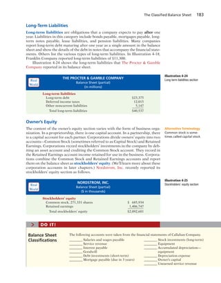 The Classiﬁed Balance Sheet 183
Long-Term Liabilities
Long-term liabilities are obligations that a company expects to pay after one
year. Liabilities in this category include bonds payable, mortgages payable, long-
term notes payable, lease liabilities, and pension liabilities. Many companies
report long-term debt maturing after one year as a single amount in the balance
sheet and show the details of the debt in notes that accompany the financial state-
ments. Others list the various types of long-term liabilities. In Illustration 4-18,
Franklin Company reported long-term liabilities of $11,300.
Illustration 4-24 shows the long-term liabilities that The Procter & Gamble
Company reported in its balance sheet.
Illustration 4-24
Long-term liabilities section
THE PROCTER & GAMBLE COMPANY
Balance Sheet (partial)
(in millions)
Long-term liabilities
Long-term debt $23,375
Deferred income taxes 12,015
Other noncurrent liabilities 5,147
Total long-term liabilities $40,537
Illustration 4-25
Stockholders’ equity section
NORDSTROM, INC.
Balance Sheet (partial)
($ in thousands)
Stockholders’ equity
Common stock, 271,331 shares $ 685,934
Retained earnings 1,406,747
Total stockholders’ equity $2,092,681
The following accounts were taken from the financial statements of Callahan Company.
________ Salaries and wages payable ________ Stock investments (long-term)
________ Service revenue ________ Equipment
________ Interest payable ________ Accumulated depreciation—
________ Goodwill equipment
________ Debt investments (short-term) ________ Depreciation expense
________ Mortgage payable (due in 3 years) ________ Owner’s capital
________ Unearned service revenue
Balance Sheet
Classiﬁcations
> DO IT!
Owner’s Equity
The content of the owner’s equity section varies with the form of business orga-
nization. In a proprietorship, there is one capital account. In a partnership, there
is a capital account for each partner. Corporations divide owners’ equity into two
accounts—Common Stock (sometimes referred to as Capital Stock) and Retained
Earnings. Corporations record stockholders’ investments in the company by deb-
iting an asset account and crediting the Common Stock account. They record in
the Retained Earnings account income retained for use in the business. Corpora-
tions combine the Common Stock and Retained Earnings accounts and report
them on the balance sheet as stockholders’ equity. (We’ll learn more about these
corporation accounts in later chapters.) Nordstrom, Inc. recently reported its
stockholders’ equity section as follows.
Alternative Terminology
Common stock is some-
times called capital stock.
Real
World
Real
World
 
