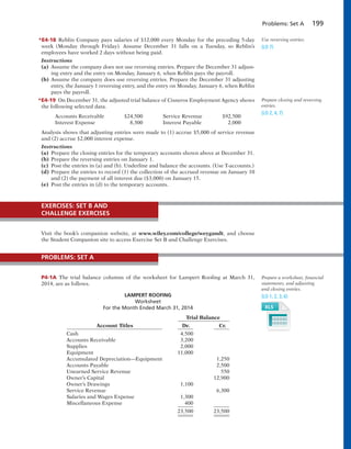 Problems: Set A 199
*E4-18 Reblin Company pays salaries of $12,000 every Monday for the preceding 5-day
week (Monday through Friday). Assume December 31 falls on a Tuesday, so Reblin’s
employees have worked 2 days without being paid.
Instructions
(a) Assume the company does not use reversing entries. Prepare the December 31 adjust-
ing entry and the entry on Monday, January 6, when Reblin pays the payroll.
(b) Assume the company does use reversing entries. Prepare the December 31 adjusting
entry, the January 1 reversing entry, and the entry on Monday, January 6, when Reblin
pays the payroll.
*E4-19 On December 31, the adjusted trial balance of Cisneros Employment Agency shows
the following selected data.
Accounts Receivable $24,500 Service Revenue $92,500
Interest Expense 8,300 Interest Payable 2,000
Analysis shows that adjusting entries were made to (1) accrue $5,000 of service revenue
and (2) accrue $2,000 interest expense.
Instructions
(a) Prepare the closing entries for the temporary accounts shown above at December 31.
(b) Prepare the reversing entries on January 1.
(c) Post the entries in (a) and (b). Underline and balance the accounts. (Use T-accounts.)
(d) Prepare the entries to record (1) the collection of the accrued revenue on January 10
and (2) the payment of all interest due ($3,000) on January 15.
(e) Post the entries in (d) to the temporary accounts.
Use reversing entries.
(LO 7)
Prepare closing and reversing
entries.
(LO 2, 4, 7)
Visit the book’s companion website, at www.wiley.com/college/weygandt, and choose
the Student Companion site to access Exercise Set B and Challenge Exercises.
EXERCISES: SET B AND
CHALLENGE EXERCISES
P4-1A The trial balance columns of the worksheet for Lampert Roofing at March 31,
2014, are as follows.
LAMPERT ROOFING
Worksheet
For the Month Ended March 31, 2014
Trial Balance
Account Titles Dr. Cr.
Cash 4,500
Accounts Receivable 3,200
Supplies 2,000
Equipment 11,000
Accumulated Depreciation—Equipment 1,250
Accounts Payable 2,500
Unearned Service Revenue 550
Owner’s Capital 12,900
Owner’s Drawings 1,100
Service Revenue 6,300
Salaries and Wages Expense 1,300
Miscellaneous Expense 400
23,500 23,500
Prepare a worksheet, financial
statements, and adjusting
and closing entries.
(LO 1, 2, 3, 6)
PROBLEMS: SET A
 