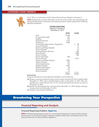 208 4 Completing the Accounting Cycle
(Note: This is a continuation of the Cookie Chronicle from Chapters 1 through 3.)
CCC4 Natalie had a very busy December. At the end of the month, after journalizing and
posting the December transactions and adjusting entries, Natalie prepared the following
adjusted trial balance.
COOKIE CREATIONS
Adjusted Trial Balance
December 31, 2013
Debit Credit
Cash $1,180
Accounts Receivable 875
Supplies 350
Prepaid Insurance 1,210
Equipment 1,200
Accumulated Depreciation—Equipment $ 40
Accounts Payable 75
Salaries and Wages Payable 56
Interest Payable 15
Unearned Service Revenue 300
Notes Payable 2,000
Owner’s Capital 800
Owner’s Drawings 500
Service Revenue 4,515
Salaries and Wages Expense 1,006
Utilities Expense 125
Advertising Expense 165
Supplies Expense 1,025
Depreciation Expense 40
Insurance Expense 110
Interest Expense 15
$7,801 $7,801
Instructions
Using the information in the adjusted trial balance, do the following.
(a) Prepare an income statement and an owner’s equity statement for the 2 months ended
December 31, 2013, and a classified balance sheet at December 31, 2013. The note
payable has a stated interest rate of 6%, and the principal and interest are due on
November 16, 2015.
(b) Natalie has decided that her year-end will be December 31, 2013. Prepare and post
closing entries as of December 31, 2013.
(c) Prepare a post-closing trial balance.
CONTINUING COOKIE CHRONICLE
Broadening Your Perspective
Financial Reporting and Analysis
Financial Reporting Problem: Apple Inc.
BYP4-1 The financial statements of Apple Inc. are presented in Appendix A at the end of this textbook.
Instructions for accessing and using the company’s complete annual report, including the notes to the
financial statements, are also provided in Appendix A.
 