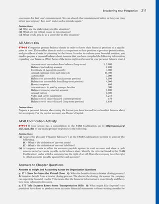 statements for last year’s misstatement. We can absorb that misstatement better in this year than
in last year anyway! Just don’t make such a mistake again.”
Instructions
(a) Who are the stakeholders in this situation?
(b) What are the ethical issues in this situation?
(c) What would you do as a controller in this situation?
All About You
BYP4-8 Companies prepare balance sheets in order to know their financial position at a specific
point in time. This enables them to make a comparison to their position at previous points in time,
and gives them a basis for planning for the future. In order to evaluate your financial position, you
need to prepare a personal balance sheet. Assume that you have compiled the following information
regarding your finances. (Hint: Some of the items might not be used in your personal balance sheet.)
Amount owed on student loan balance (long-term) $ 5,000
Balance in checking account 1,200
Certificate of deposit (6-month) 3,000
Annual earnings from part-time job 11,300
Automobile 7,000
Balance on automobile loan (current portion) 1,500
Balance on automobile loan (long-term portion) 4,000
Home computer 800
Amount owed to you by younger brother 300
Balance in money market account 1,800
Annual tuition 6,400
Video and stereo equipment 1,250
Balance owed on credit card (current portion) 150
Balance owed on credit card (long-term portion) 1,650
Instructions
Prepare a personal balance sheet using the format you have learned for a classified balance sheet
for a company. For the capital account, use Owner’s Capital.
FASB Codiﬁcation Activity
BYP4-9 If your school has a subscription to the FASB Codification, go to http://aaahq.org/
ascLogin.cfm to log in and prepare responses to the following.
Instructions
(a) Access the glossary (“Master Glossary”) at the FASB Codification website to answer the
following.
(1) What is the definition of current assets?
(2) What is the definition of current liabilities?
(b) A company wants to offset its accounts payable against its cash account and show a cash
amount net of accounts payable on its balance sheet. Identify the criteria (found in the FASB
Codification) under which a company has the right of set off. Does the company have the right
to offset accounts payable against the cash account?
Answers to Chapter Questions
Answers to Insight and Accounting Across the Organization Questions
p. 171 Cisco Performs the Virtual Close Q: Who else benefits from a shorter closing process?
A: Investors benefit from a shorter closing process. The shorter the closing, the sooner the company
can report its financial results. This means that the financial information is more timely and there-
fore more relevant to investors.
p. 177 Yale Express Loses Some Transportation Bills Q: What might Yale Express’s vice
president have done to produce more accurate financial statements without waiting months for
Broadening Your Perspective 211
 
