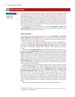 4 1 Accounting in Action
What consistently ranks as one of the top career opportunities in business? What
frequently rates among the most popular majors on campus? What was the
undergraduate degree chosen by Nike founder Phil Knight, Home Depot co-
founder Arthur Blank, former acting director of the Federal Bureau of Investiga-
tion (FBI) Thomas Pickard, and numerous members of Congress? Accounting.1
Why did these people choose accounting? They wanted to understand what was
happening financially to their organizations. Accounting is the financial informa-
tion system that provides these insights. In short, to understand your organiza-
tion, you have to know the numbers.
Accounting consists of three basic activities—it identifies, records, and
communicates the economic events of an organization to interested users. Let’s
take a closer look at these three activities.
Three Activities
As a starting point to the accounting process, a company identifies the economic
events relevant to its business. Examples of economic events are the sale of
snack chips by PepsiCo, the provision of telephone services by AT&T, and the
payment of wages by Ford Motor Company.
Once a company like PepsiCo identifies economic events, it records those
events in order to provide a history of its financial activities. Recording consists
of keeping a systematic, chronological diary of events, measured in dollars
and cents. In recording, PepsiCo also classifies and summarizes economic
events.
Finally, PepsiCo communicates the collected information to interested users
by means of accounting reports. The most common of these reports are called
financial statements. To make the reported financial information meaningful,
PepsiCo reports the recorded data in a standardized way. It accumulates infor-
mation resulting from similar transactions. For example, PepsiCo accumulates
all sales transactions over a certain period of time and reports the data as one
amount in the company’s financial statements. Such data are said to be reported
in the aggregate. By presenting the recorded data in the aggregate, the account-
ing process simplifies a multitude of transactions and makes a series of activities
understandable and meaningful.
A vital element in communicating economic events is the accountant’s ability
to analyze and interpret the reported information. Analysis involves use of
ratios, percentages, graphs, and charts to highlight significant financial trends
and relationships. Interpretation involves explaining the uses, meaning, and
limitations of reported data. Appendices A–E show the financial statements of
Apple Inc., PepsiCo Inc., The Coca-Cola Company, Amazon.com, Inc., and Wal-
Mart Stores, Inc., respectively. (In addition, in the A Look at IFRS section at the
end of each chapter, the U.K. company Zetar plc is analyzed.) We refer to these
statements at various places throughout the textbook. At this point, these finan-
cial statements probably strike you as complex and confusing. By the end of this
course, you’ll be surprised at your ability to understand, analyze, and interpret
them.
Illustration 1-1 summarizes the activities of the accounting process.
What Is Accounting?
LEARNING OBJECTIVE 1
Explain what
accounting is.
1
The appendix to this chapter describes job opportunities for accounting majors and explains why
accounting is such a popular major.
 
