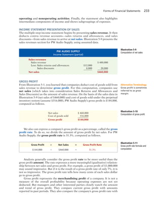 Forms of Financial Statements 233
operating and nonoperating activities. Finally, the statement also highlights
intermediate components of income and shows subgroupings of expenses.
INCOME STATEMENT PRESENTATION OF SALES
The multiple-step income statement begins by presenting sales revenue. It then
deducts contra revenue accounts—sales returns and allowances, and sales
discounts—from sales revenue to arrive at net sales. Illustration 5-9 presents the
sales revenues section for PW Audio Supply, using assumed data.
PW AUDIO SUPPLY
Income Statement (partial)
Sales revenues
Sales revenue $ 480,000
Less: Sales returns and allowances $12,000
Sales discounts 8,000 20,000
Net sales $460,000
Illustration 5-9
Computation of net sales
Net sales $ 460,000
Cost of goods sold 316,000
Gross profit $144,000
Illustration 5-10
Computation of gross profit
We also can express a company’s gross profit as a percentage, called the gross
profit rate. To do so, we divide the amount of gross profit by net sales. For PW
Audio Supply, the gross profit rate is 31.3%, computed as follows.
GROSS PROFIT
From Illustration 5-1, you learned that companies deduct cost of goods sold from
sales revenue to determine gross profit. For this computation, companies use
net sales (which takes into consideration Sales Returns and Allowances and
Sales Discounts) as the amount of sales revenue. On the basis of the sales data in
Illustration 5-9 (net sales of $460,000) and cost of goods sold under the perpetual
inventory system (assume $316,000), PW Audio Supply’s gross profit is $144,000,
computed as follows.
Alternative Terminology
Gross proﬁt is sometimes
referred to as gross
margin.
Gross Proﬁt 4 Net Sales 5 Gross Proﬁt Rate
$144,000 4 $460,000 5 31.3%
Illustration 5-11
Gross profit rate formula and
computation
Analysts generally consider the gross profit rate to be more useful than the
gross profit amount. The rate expresses a more meaningful (qualitative) relation-
ship between net sales and gross profit. For example, a gross profit of $1,000,000
may sound impressive. But if it is the result of a gross profit rate of only 7%, it is
not so impressive. The gross profit rate tells how many cents of each sales dollar
go to gross profit.
Gross profit represents the merchandising profit of a company. It is not a
measure of the overall profitability because operating expenses are not yet
deducted. But managers and other interested parties closely watch the amount
and trend of gross profit. They compare current gross profit with amounts
reported in past periods. They also compare the company’s gross profit rate with
 