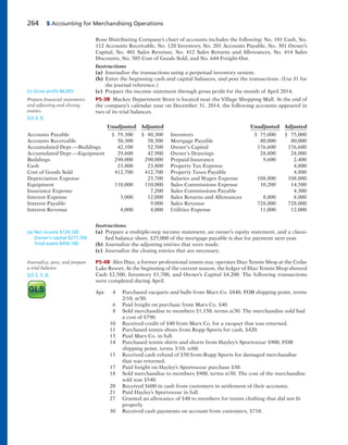 264 5 Accounting for Merchandising Operations
Rose Distributing Company’s chart of accounts includes the following: No. 101 Cash, No.
112 Accounts Receivable, No. 120 Inventory, No. 201 Accounts Payable, No. 301 Owner’s
Capital, No. 401 Sales Revenue, No. 412 Sales Returns and Allowances, No. 414 Sales
Discounts, No. 505 Cost of Goods Sold, and No. 644 Freight-Out.
Instructions
(a) Journalize the transactions using a perpetual inventory system.
(b) Enter the beginning cash and capital balances, and post the transactions. (Use J1 for
the journal reference.)
(c) Prepare the income statement through gross profit for the month of April 2014.
P5-3B Mackey Department Store is located near the Village Shopping Mall. At the end of
the company’s calendar year on December 31, 2014, the following accounts appeared in
two of its trial balances.
(c) Gross proﬁt $6,655
Prepare financial statements
and adjusting and closing
entries.
(LO 4, 5)
Unadjusted Adjusted
Accounts Payable $ 79,300 $ 80,300
Accounts Receivable 50,300 50,300
Accumulated Depr.—Buildings 42,100 52,500
Accumulated Depr.—Equipment 29,600 42,900
Buildings 290,000 290,000
Cash 23,800 23,800
Cost of Goods Sold 412,700 412,700
Depreciation Expense 23,700
Equipment 110,000 110,000
Insurance Expense 7,200
Interest Expense 3,000 12,000
Interest Payable 9,000
Interest Revenue 4,000 4,000
Unadjusted Adjusted
Inventory $ 75,000 $ 75,000
Mortgage Payable 80,000 80,000
Owner’s Capital 176,600 176,600
Owner’s Drawings 28,000 28,000
Prepaid Insurance 9,600 2,400
Property Tax Expense 4,800
Property Taxes Payable 4,800
Salaries and Wages Expense 108,000 108,000
Sales Commissions Expense 10,200 14,500
Sales Commissions Payable 4,300
Sales Returns and Allowances 8,000 8,000
Sales Revenue 728,000 728,000
Utilities Expense 11,000 12,000
Instructions
(a) Prepare a multiple-step income statement, an owner’s equity statement, and a classi-
fied balance sheet. $25,000 of the mortgage payable is due for payment next year.
(b) Journalize the adjusting entries that were made.
(c) Journalize the closing entries that are necessary.
P5-4B Alex Diaz, a former professional tennis star, operates Diaz Tennis Shop at the Cedar
Lake Resort. At the beginning of the current season, the ledger of Diaz Tennis Shop showed
Cash $2,500, Inventory $1,700, and Owner’s Capital $4,200. The following transactions
were completed during April.
Apr. 4 Purchased racquets and balls from Marx Co. $840, FOB shipping point, terms
2/10, n/30.
6 Paid freight on purchase from Marx Co. $40.
8 Sold merchandise to members $1,150, terms n/30. The merchandise sold had
a cost of $790.
10 Received credit of $40 from Marx Co. for a racquet that was returned.
11 Purchased tennis shoes from Rupp Sports for cash, $420.
13 Paid Marx Co. in full.
14 Purchased tennis shirts and shorts from Hayley’s Sportswear $900, FOB
shipping point, terms 3/10, n/60.
15 Received cash refund of $50 from Rupp Sports for damaged merchandise
that was returned.
17 Paid freight on Hayley’s Sportswear purchase $30.
18 Sold merchandise to members $900, terms n/30. The cost of the merchandise
sold was $540.
20 Received $600 in cash from customers in settlement of their accounts.
21 Paid Hayley’s Sportswear in full.
27 Granted an allowance of $40 to members for tennis clothing that did not fit
properly.
30 Received cash payments on account from customers, $710.
(a) Net income $129,100
Owner’s capital $277,700
Total assets $456,100
Journalize, post, and prepare
a trial balance.
(LO 2, 3, 4)
 