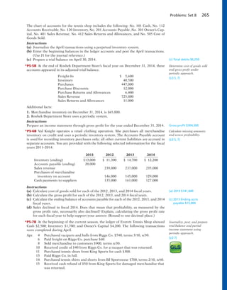 Problems: Set B 265
The chart of accounts for the tennis shop includes the following: No. 101 Cash, No. 112
Accounts Receivable, No. 120 Inventory, No. 201 Accounts Payable, No. 301 Owner’s Cap-
ital, No. 401 Sales Revenue, No. 412 Sales Returns and Allowances, and No. 505 Cost of
Goods Sold.
Instructions
(a) Journalize the April transactions using a perpetual inventory system.
(b) Enter the beginning balances in the ledger accounts and post the April transactions.
(Use J1 for the journal reference.)
(c) Prepare a trial balance on April 30, 2014.
*P5-5B At the end of Roshek Department Store’s fiscal year on December 31, 2014, these
accounts appeared in its adjusted trial balance.
Freight-In $ 5,600
Inventory 40,500
Purchases 447,000
Purchase Discounts 12,000
Purchase Returns and Allowances 6,400
Sales Revenue 725,000
Sales Returns and Allowances 11,000
Additional facts:
1. Merchandise inventory on December 31, 2014, is $65,000.
2. Roshek Department Store uses a periodic system.
Instructions
Prepare an income statement through gross profit for the year ended December 31, 2014.
*P5-6B Val Knight operates a retail clothing operation. She purchases all merchandise
inventory on credit and uses a periodic inventory system. The Accounts Payable account
is used for recording inventory purchases only; all other current liabilities are accrued in
separate accounts. You are provided with the following selected information for the fiscal
years 2011–2014.
2011 2012 2013 2014
Inventory (ending) $13,000 $ 11,300 $ 14,700 $ 12,200
Accounts payable (ending) 20,000
Sales revenue 239,000 237,000 235,000
Purchases of merchandise
inventory on account 146,000 145,000 129,000
Cash payments to suppliers 135,000 161,000 127,000
Instructions
(a) Calculate cost of goods sold for each of the 2012, 2013, and 2014 fiscal years.
(b) Calculate the gross profit for each of the 2012, 2013, and 2014 fiscal years.
(c) Calculate the ending balance of accounts payable for each of the 2012, 2013, and 2014
fiscal years.
(d) Sales declined in fiscal 2014. Does that mean that profitability, as measured by the
gross profit rate, necessarily also declined? Explain, calculating the gross profit rate
for each fiscal year to help support your answer. (Round to one decimal place.)
*P5-7B At the beginning of the current season, the ledger of Everett Tennis Shop showed
Cash $2,500; Inventory $1,700; and Owner’s Capital $4,200. The following transactions
were completed during April.
Apr. 4 Purchased racquets and balls from Riggs Co. $740, terms 3/10, n/30.
6 Paid freight on Riggs Co. purchase $60.
8 Sold merchandise to customers $900, terms n/30.
10 Received credit of $40 from Riggs Co. for a racquet that was returned.
11 Purchased tennis shoes from King Sports for cash $300.
13 Paid Riggs Co. in full.
14 Purchased tennis shirts and shorts from BJ Sportswear $700, terms 2/10, n/60.
15 Received cash refund of $50 from King Sports for damaged merchandise that
was returned.
(c) Total debits $6,250
Determine cost of goods sold
and gross profit under
periodic approach.
(LO 5, 7)
Gross proﬁt $304,300
Calculate missing amounts
and assess profitability.
(LO 5, 7)
(a) 2013 $141,600
(c) 2013 Ending accts
payable $15,000
Journalize, post, and prepare
trial balance and partial
income statement using
periodic approach.
(LO 7)
 