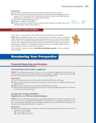 Broadening Your Perspective 267
Instructions
(a) Journalize the December transactions using a perpetual inventory system.
(b) Enter the December 1 balances in the ledger T-accounts and post the December trans-
actions. Use Cost of Goods Sold, Depreciation Expense, Salaries and Wages Expense,
Sales Revenue, Sales Discounts, and Supplies Expense.
(c) Journalize and post adjusting entries.
(d) Prepare an adjusted trial balance.
(e) Prepare an income statement and an owner’s equity statement for December and a
classified balance sheet at December 31.
(e) Net income $740
(Note: This is a continuation of the Cookie Chronicle from Chapters 1 through 4.)
CCC5 Because Natalie has had such a successful first few months, she is considering
other opportunities to develop her business. One opportunity is the sale of fine European
mixers. The owner of Kzinski Supply Company has approached Natalie to become the
exclusive U.S. distributor of these fine mixers in her state. The current cost of a mixer is
approximately $525 (U.S.), and Natalie would sell each one for $1,050. Natalie comes to
you for advice on how to account for these mixers.
Go to the book’s companion website, www.wiley.com/college/weygandt, to see the completion
of this problem.
CONTINUING COOKIE CHRONICLE
Financial Reporting and Analysis
Financial Reporting Problem: Apple Inc.
BYP5-1 The financial statements of Apple Inc. are presented in Appendix A at the end of this
textbook. Instructions for accessing and using the company’s complete annual report, including
the notes to the financial statements, are also provided in Appendix A.
Instructions
Answer the following questions using Apple’s Consolidated Statement of Income.
(a) What was the percentage change in (1) sales and in (2) net income from 2009 to 2010 and from
2010 to 2011?
(b) What was the company’s gross profit rate in 2009, 2010, and 2011?
(c) What was the company’s percentage of net income to net sales in 2009, 2010, and 2011? Comment
on any trend in this percentage.
Comparative Analysis Problem:
PepsiCo, Inc. vs. The Coca-Cola Company
BYP5-2 PepsiCo’s financial statements are presented in Appendix B. Financial statements of The
Coca-Cola Company are presented in Appendix C. Instructions for accessing and using the com-
plete annual reports of PepsiCo and Coca-Cola, including the notes to the financial statements, are
also provided in Appendices B and C, respectively.
Instructions
(a) Based on the information contained in these financial statements, determine each of the fol-
lowing for each company.
(1) Gross profit for 2011.
(2) Gross profit rate for 2011.
Broadening Your Perspective
(d) Totals $65,300
 