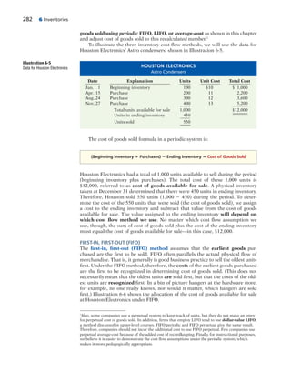 282 6 Inventories
goods sold using periodic FIFO, LIFO, or average-cost as shown in this chapter
and adjust cost of goods sold to this recalculated number.1
To illustrate the three inventory cost flow methods, we will use the data for
Houston Electronics’ Astro condensers, shown in Illustration 6-5.
1
Also, some companies use a perpetual system to keep track of units, but they do not make an entry
for perpetual cost of goods sold. In addition, firms that employ LIFO tend to use dollar-value LIFO,
a method discussed in upper-level courses. FIFO periodic and FIFO perpetual give the same result.
Therefore, companies should not incur the additional cost to use FIFO perpetual. Few companies use
perpetual average-cost because of the added cost of recordkeeping. Finally, for instructional purposes,
we believe it is easier to demonstrate the cost flow assumptions under the periodic system, which
makes it more pedagogically appropriate.
Illustration 6-5
Data for Houston Electronics
The cost of goods sold formula in a periodic system is:
(Beginning Inventory 1 Purchases) 2 Ending Inventory 5 Cost of Goods Sold
Houston Electronics had a total of 1,000 units available to sell during the period
(beginning inventory plus purchases). The total cost of these 1,000 units is
$12,000, referred to as cost of goods available for sale. A physical inventory
taken at December 31 determined that there were 450 units in ending inventory.
Therefore, Houston sold 550 units (1,000 2 450) during the period. To deter-
mine the cost of the 550 units that were sold (the cost of goods sold), we assign
a cost to the ending inventory and subtract that value from the cost of goods
available for sale. The value assigned to the ending inventory will depend on
which cost flow method we use. No matter which cost flow assumption we
use, though, the sum of cost of goods sold plus the cost of the ending inventory
must equal the cost of goods available for sale—in this case, $12,000.
FIRST-IN, FIRST-OUT (FIFO)
The first-in, first-out (FIFO) method assumes that the earliest goods pur-
chased are the first to be sold. FIFO often parallels the actual physical flow of
merchandise. That is, it generally is good business practice to sell the oldest units
first. Under the FIFO method, therefore, the costs of the earliest goods purchased
are the first to be recognized in determining cost of goods sold. (This does not
necessarily mean that the oldest units are sold first, but that the costs of the old-
est units are recognized first. In a bin of picture hangers at the hardware store,
for example, no one really knows, nor would it matter, which hangers are sold
first.) Illustration 6-6 shows the allocation of the cost of goods available for sale
at Houston Electronics under FIFO.
HOUSTON ELECTRONICS
Astro Condensers
Date Explanation Units Unit Cost Total Cost
Jan. 1 Beginning inventory 100 $10 $ 1,000
Apr. 15 Purchase 200 11 2,200
Aug. 24 Purchase 300 12 3,600
Nov. 27 Purchase 400 13 5,200
Total units available for sale 1,000 $12,000
Units in ending inventory 450
Units sold 550
 