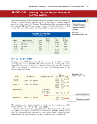 Appendix 6A: Inventory Cost Flow Methods in Perpetual Inventory Systems 297
What inventory cost flow methods do companies employ if they use a perpetual
inventory system? Simple—they can use any of the inventory cost flow methods
described in the chapter. To illustrate the application of the three assumed cost
flow methods (FIFO, LIFO, and average-cost), we will use the data shown in Illus-
tration 6A-1 and in this chapter for Houston Electronics’ Astro condensers.
APPENDIX 6A Inventory Cost Flow Methods in Perpetual
Inventory Systems
LEARNING OBJECTIVE 7
Apply the inventory
cost ﬂow methods to
perpetual inventory
records.
HOUSTON ELECTRONICS
Astro Condensers
Units Total Balance
Date Explanation Units Cost Cost in Units
1/1 Beginning inventory 100 $10 $ 1,000 100
4/15 Purchases 200 11 2,200 300
8/24 Purchases 300 12 3,600 600
9/10 Sale 550 50
11/27 Purchases 400 13 5,200 450
$12,000
First-In, First-Out (FIFO)
Under perpetual FIFO, the company charges to cost of goods sold the cost of the
earliest goods on hand prior to each sale. Therefore, the cost of goods sold on
September 10 consists of the units on hand January 1 and the units purchased
April 15 and August 24. Illustration 6A-2 shows the inventory under a FIFO
method perpetual system.
The ending inventory in this situation is $5,800, and the cost of goods sold is
$6,200 [(100 @ $10) 1 (200 @ $11) 1 (250 @ $12)].
Compare Illustrations 6-6 (page 283) and 6A-2. You can see that the results
under FIFO in a perpetual system are the same as in a periodic system. In both
cases, the ending inventory is $5,800 and cost of goods sold is $6,200. Regardless
of the system, the first costs in are the costs assigned to cost of goods sold.
Illustration 6A-1
Inventoriable units and costs
Balance
Date Purchases Cost of Goods Sold (in units and cost)
January 1 (100 @ $10) $ 1,000
April 15 (200 @ $11) $2,200 (100 @ $10)
(200 @ $11) $ 3,200
August 24 (300 @ $12) $3,600 (100 @ $10)
(200 @ $11) $ 6,800
(300 @ $12)
September 10 (100 @ $10)
(200 @ $11)
(250 @ $12) ( 50 @ $12) $ 600
$6,200
November 27 (400 @ $13) $5,200 ( 50 @ $12)
$5,800
(400 @ $13) Ending inventory
Cost of goods sold
⎧
⎪
⎪
⎨
⎪
⎪
⎩
⎧
⎨
⎩
⎧
⎨
⎩
⎧
⎪
⎨
⎪
⎩
Illustration 6A-2
Perpetual system—FIFO
 