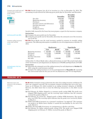 316 6 Inventories
*P6-10A Suzuki Company lost all of its inventory in a fire on December 26, 2014. The
accounting records showed the following gross profit data for November and December.
December
November (to 12/26)
Net sales $600,000 $700,000
Beginning inventory 32,000 36,000
Purchases 389,000 420,000
Purchase returns and allowances 13,300 14,900
Purchase discounts 8,500 9,500
Freight-in 8,800 9,900
Ending inventory 36,000 ?
Suzuki is fully insured for fire losses but must prepare a report for the insurance company.
Instructions
(a) Compute the gross profit rate for November.
(b) Using the gross profit rate for November, determine the estimated cost of the inventory
lost in the fire.
*P6-11A Dixon Books uses the retail inventory method to estimate its monthly ending
inventories. The following information is available for two of its departments at October 31,
2014.
Hardcovers Paperbacks
Cost Retail Cost Retail
Beginning inventory $ 420,000 $ 700,000 $ 280,000 $ 360,000
Purchases 2,135,000 3,200,000 1,155,000 1,540,000
Freight-in 24,000 12,000
Purchase discounts 44,000 22,000
Net sales 3,100,000 1,570,000
At December 31, Dixon Books takes a physical inventory at retail. The actual retail values
of the inventories in each department are Hardcovers $790,000 and Paperbacks $335,000.
Instructions
(a) Determine the estimated cost of the ending inventory for each department at October 31,
2014, using the retail inventory method.
(b) Compute the ending inventory at cost for each department at December 31, assuming
the cost-to-retail ratios for the year are 65% for Hardcovers and 75% for Paperbacks.
Compute gross profit rate and
inventory loss using gross
profit method.
(LO 8)
(a) Gross proﬁt rate 38%
Compute ending inventory
using retail method.
(LO 8)
(a) Hardcovers: End. Inv.
$520,000
P6-1B Weber Limited is trying to determine the value of its ending inventory at February 28,
2014, the company’s year-end. The accountant counted everything that was in the ware-
house as of February 28, which resulted in an ending inventory valuation of $48,000.
However, she didn’t know how to treat the following transactions so she didn’t record
them.
(a) On February 26, Weber shipped to a customer goods costing $800. The goods were
shipped FOB shipping point, and the receiving report indicates that the customer
received the goods on March 2.
(b) On February 26, Gretel Inc. shipped goods to Weber FOB destination. The invoice
price was $350. The receiving report indicates that the goods were received by Weber
on March 2.
(c) Weber had $500 of inventory at a customer’s warehouse “on approval.” The customer
was going to let Weber know whether it wanted the merchandise by the end of the
week, March 4.
(d) Weber also had $400 of inventory on consignment at a Roslyn craft shop.
(e) On February 26, Weber ordered goods costing $750. The goods were shipped FOB
shipping point on February 27. Weber received the goods on March 1.
Determine items and
amounts to be recorded in
inventory.
(LO 1)
PROBLEMS: SET B
 