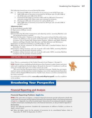 Broadening Your Perspective 321
The following transactions occurred during December.
Dec. 3 Purchased 4,000 units of inventory on account at a cost of $0.72 per unit.
5 Sold 4,400 units of inventory on account for $0.90 per unit. (It sold 3,000 of
the $0.60 units and 1,400 of the $0.72.)
7 Granted the December 5 customer $180 credit for 200 units of inventory
returned costing $120. These units were returned to inventory.
17 Purchased 2,200 units of inventory for cash at $0.80 each.
22 Sold 2,000 units of inventory on account for $0.95 per unit. (It sold 2,000 of
the $0.72 units.)
Adjustment data:
1. Accrued salaries payable $400.
2. Depreciation $200 per month.
Instructions
(a) Journalize the December transactions and adjusting entries, assuming Matthias uses
the perpetual inventory method.
(b) Enter the December 1 balances in the ledger T-accounts and post the December trans-
actions. In addition to the accounts mentioned above, use the following additional
accounts: Cost of Goods Sold, Depreciation Expense, Salaries and Wages Expense,
Salaries and Wages Payable, Sales Revenue, and Sales Returns and Allowances.
(c) Prepare an adjusted trial balance as of December 31, 2014.
(d) Prepare an income statement for December 2014 and a classified balance sheet at
December 31, 2014.
(e) Compute ending inventory and cost of goods sold under FIFO, assuming Matthias
Company uses the periodic inventory system.
(f) Compute ending inventory and cost of goods sold under LIFO, assuming Matthias
Company uses the periodic inventory system.
(Note: This is a continuation of the Cookie Chronicle from Chapters 1 through 5.)
CCC6 Natalie is busy establishing both divisions of her business (cookie classes and mixer
sales) and completing her business degree. Her goals for the next 11 months are to sell one
mixer per month and to give two to three classes per week.
The cost of the fine European mixers is expected to increase. Natalie has just negoti-
ated new terms with Kzinski that include shipping costs in the negotiated purchase price
(mixers will be shipped FOB destination). Natalie must choose a cost flow assumption for
her mixer inventory.
Go to the book’s companion website, www.wiley.com/college/weygandt, to see the completion
of this problem.
CONTINUING COOKIE CHRONICLE
Financial Reporting and Analysis
Financial Reporting Problem: Apple Inc.
BYP6-1 The notes that accompany a company’s financial statements provide informative details that
would clutter the amounts and descriptions presented in the statements. Refer to the financial statements
of Apple Inc. in Appendix A as well as its annual report. Instructions for accessing and using the company’s
complete annual report, including the notes to the financial statements, are also provided in Appendix A.
Instructions
Answer the following questions. Complete the requirements in millions of dollars, as shown in
Apple’s annual report.
(a) What did Apple report for the amount of inventories in its consolidated balance sheet at
September 25, 2010? At September 24, 2011?
Broadening Your Perspective
 