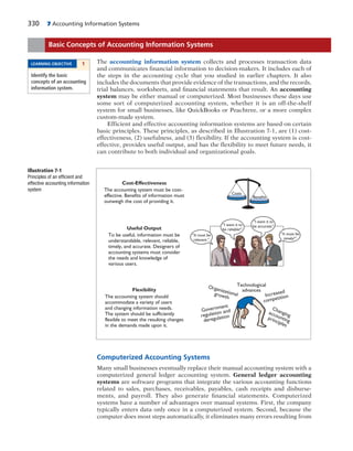 330 7 Accounting Information Systems
The accounting information system collects and processes transaction data
and communicates financial information to decision-makers. It includes each of
the steps in the accounting cycle that you studied in earlier chapters. It also
includes the documents that provide evidence of the transactions, and the records,
trial balances, worksheets, and financial statements that result. An accounting
system may be either manual or computerized. Most businesses these days use
some sort of computerized accounting system, whether it is an off-the-shelf
system for small businesses, like QuickBooks or Peachtree, or a more complex
custom-made system.
Efficient and effective accounting information systems are based on certain
basic principles. These principles, as described in Illustration 7-1, are (1) cost-
effectiveness, (2) usefulness, and (3) flexibility. If the accounting system is cost-
effective, provides useful output, and has the flexibility to meet future needs, it
can contribute to both individual and organizational goals.
Basic Concepts of Accounting Information Systems
LEARNING OBJECTIVE 1
Identify the basic
concepts of an accounting
information system. 
Cost-Effectiveness
Useful Output
Flexibility
The accounting system must be cost-
effective. Benefits of information must
outweigh the cost of providing it.
To be useful, information must be
understandable, relevant, reliable,
timely, and accurate. Designers of
accounting systems must consider
the needs and knowledge of
various users.
The accounting system should
accommodate a variety of users
and changing information needs.
The system should be sufficiently
flexible to meet the resulting changes
in the demands made upon it.
Technological
advances
Increased
competition
Changingaccounting
principles
Organizationalgrowth
Government
regulation and
deregulation
Costs
Benefits
“I want it to
be accurate.”
“It must be
timely!”
“I want it to
be reliable!”
“It must be
relevant.”
Illustration 7-1
Principles of an efficient and
effective accounting information
system
Computerized Accounting Systems
Many small businesses eventually replace their manual accounting system with a
computerized general ledger accounting system. General ledger accounting
systems are software programs that integrate the various accounting functions
related to sales, purchases, receivables, payables, cash receipts and disburse-
ments, and payroll. They also generate financial statements. Computerized
systems have a number of advantages over manual systems. First, the company
typically enters data only once in a computerized system. Second, because the
computer does most steps automatically, it eliminates many errors resulting from
 