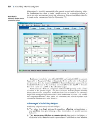 334 7 Accounting Information Systems
Illustration 7-4 provides an example of a control account and subsidiary ledger
for Pujols Company. (Due to space considerations, the explanation column in
these accounts is not shown in this and subsequent illustrations.) Illustration 7-4
is based on the transactions listed in Illustration 7-3.
File Edit View Go Bookmarks Tools Help
? Problem PostEntries Closing Reports Tools Help
General Ledger General Jrnl Sales Jrnl Cash Receipts Jrnl Purchases Jrnl
Date Ref. Debit Credit Balance
2014
Jan 12
21
Branden Inc.
3,000
3,000
3,000
------
Date Ref. Debit Credit Balance
2014
Jan 31
31
Accounts Receivable No. 112
12,000
8,000
12,000
4,000
The subsidiary ledger
is separate from the
general ledger.
Accounts Receivable
is a control account.
Date Ref. Debit Credit Balance
2014
Jan 20
29
Caron Co.
3,000
1,000
3,000
2,000
Date Ref. Debit Credit Balance
2014
Jan 10
19
Aaron Co.
6,000
4,000
6,000
2,000
Illustration 7-4
Relationship between general
and subsidiary ledgers
Pujols can reconcile the total debits ($12,000) and credits ($8,000) in Accounts
Receivable in the general ledger to the detailed debits and credits in the subsidi-
ary accounts. Also, the balance of $4,000 in the control account agrees with the
total of the balances in the individual accounts (Aaron Co. $2,000 1 Branden
Inc. $0 1 Caron Co. $2,000) in the subsidiary ledger.
As Illustration 7-4 shows, companies make monthly postings to the control
accounts in the general ledger. This practice allows them to prepare monthly
financial statements. Companies post to the individual accounts in the subsidiary
ledger daily. Daily posting ensures that account information is current. This enables
the company to monitor credit limits, bill customers, and answer inquiries from
customers about their account balances.
Advantages of Subsidiary Ledgers
Subsidiary ledgers have several advantages:
1. They show in a single account transactions affecting one customer or
one creditor, thus providing up-to-date information on specific account
balances.
2. They free the general ledger of excessive details. As a result, a trial balance of
the general ledger does not contain vast numbers of individual account balances.
 
