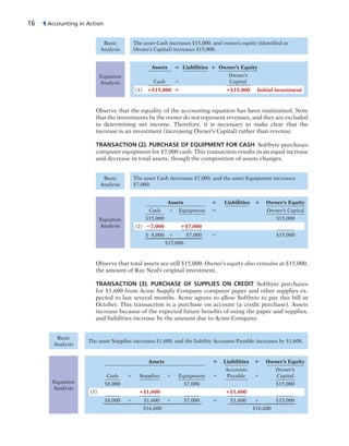16 1 Accounting in Action
The asset Cash increases $15,000, and owner’s equity (identified as
Owner’s Capital) increases $15,000.
Assets 5 Liabilities 1 Owner’s Equity
Owner’s
Cash 5 Capital
(1) 1$15,000 5 1$15,000 Initial investment
Basic
Analysis
Equation
Analysis
Observe that the equality of the accounting equation has been maintained. Note
that the investments by the owner do not represent revenues, and they are excluded
in determining net income. Therefore, it is necessary to make clear that the
increase is an investment (increasing Owner’s Capital) rather than revenue.
TRANSACTION (2). PURCHASE OF EQUIPMENT FOR CASH Softbyte purchases
computer equipment for $7,000 cash. This transaction results in an equal increase
and decrease in total assets, though the composition of assets changes.
The asset Cash decreases $7,000, and the asset Equipment increases
$7,000.
Basic
Analysis
Equation
Analysis
Assets 5 Liabilities 1 Owner’s Equity
Cash 1 Equipment 5 Owner’s Capital
$15,000 $15,000
(2) 27,000 1$7,000
$ 8,000 1 $7,000 5 $15,000
$15,000
⎧
⎪
⎪
⎪
⎪
⎨
⎪
⎪
⎪
⎪
⎩
Observe that total assets are still $15,000. Owner’s equity also remains at $15,000,
the amount of Ray Neal’s original investment.
TRANSACTION (3). PURCHASE OF SUPPLIES ON CREDIT Softbyte purchases
for $1,600 from Acme Supply Company computer paper and other supplies ex-
pected to last several months. Acme agrees to allow Softbyte to pay this bill in
October. This transaction is a purchase on account (a credit purchase). Assets
increase because of the expected future benefits of using the paper and supplies,
and liabilities increase by the amount due to Acme Company.
The asset Supplies increases $1,600, and the liability Accounts Payable increases by $1,600.
Basic
Analysis
Equation
Analysis
Assets 5 Liabilities 1 Owner’s Equity
Accounts Owner’s
Cash 1 Supplies 1 Equipment 5 Payable 1 Capital
$8,000 $7,000 $15,000
(3) 1$1,600 1$1,600
$8,000 1 $1,600 1 $7,000 5 $1,600 1 $15,000
$16,600 $16,600
⎧
⎪
⎪
⎪
⎪
⎪
⎪
⎪
⎪
⎨
⎪
⎪
⎪
⎪
⎪
⎪
⎪
⎪
⎩
⎧
⎪
⎪
⎪
⎪
⎪
⎨
⎪
⎪
⎪
⎪
⎪
⎩
 