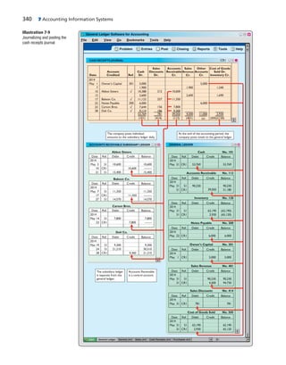 340 7 Accounting Information Systems
File Edit View Go Bookmarks Tools Help
? Problem PostEntries Closing Reports Tools Help
General Ledger General Jrnl Sales Jrnl Cash Receipts Jrnl Purchases Jrnl
Date Ref. Debit Credit Balance
2014
May 3y
10
21
Abbot Sisters
10,600
15,400
10,600
--------
15,400
Date Ref. Debit Credit Balance
2014
May 7
17
27
Babson Co.
11,350
14,570
11,350
--------
14,570
Date Ref. Debit Credit Balance
2014
May 14
23
Carson Bros.
7,800 7,800
-------
The subsidiary ledger
is separate from the
general ledger.
Date Ref. Debit Credit Balance
2014
May 19
24
28
Deli Co.
9,300
21,210
9,300
30,510
21,210
S1
CR1
S1
S1
CR1
S1
S1
CR1
S1
S1
CR1
Accounts
Receivable
Cr.
Sales
Discounts
Dr.
Cash
Dr.
Sales
Revenue
Cr.
Other
Accounts
Cr.
Cost of Goods
Sold Dr.
Inventory Cr.Ref.
Account
CreditedDate
Owner's Capitalp
2014
Mayy 1
7
10
12
17
22
23
28
5,000
1,900
10,388
2,600
11,123
6,000
7,644
9,114,
200
301
53,769
1,900
2,600
4,500
5,000
6,000
11,000
(101) (414) (112) (401)
1,240
1,690
2,930
(505)/(120)(x(( )x
10,600
11,350
7,800
9,300
Date Ref. Debit Credit Balance
2014
May 31y
Cash
53,769
Date Ref. Debit Credit Balance
2014
May 31y
31
Accounts Receivable
90,230 90,230
51,180
Date Ref. Debit Credit Balance
2014
May 22y
Notes Payable
6,000
Date Ref. Debit Credit Balance
2014
May 1y
Owner's Capital
5,000
CR1
S1
CR1
CR1
CR1
39,050
6,000
5,000
53,769
Date Ref. Debit Credit Balance
2014
May 31
31
Sales Revenue
90,230
94,730
S1
CR1
90,230
4,500
Date Ref. Debit Credit Balance
2014
May 31
31
62,190
65,120
S1
CR1
62,190
2,930
Sales Discounts
No. 101
No. 112
No. 200
No. 301
No. 401
No. 414
Date Ref. Debit Credit Balance
2014
May 31y
31
Inventory
((62,190))
((65,120))
S1
CR1
62,190
2,930
No. 120
Date Ref. Debit Credit Balance
2014
May 31y 781 781CR1
Cost of Goods Sold No. 505
Accounts Receivable
is a control account.
Abbot Sisters
Babson Co.
Notes Payabley
Carson Bros.
Deli Co.
212
227
156
186
781
10,600
11,350
7,800
9,300,
39,050
The company posts individual
amounts to the subsidiary ledger daily.
At the end of the accounting period, the
company posts totals to the general ledger.
Illustration 7-9
Journalizing and posting the
cash receipts journal
 