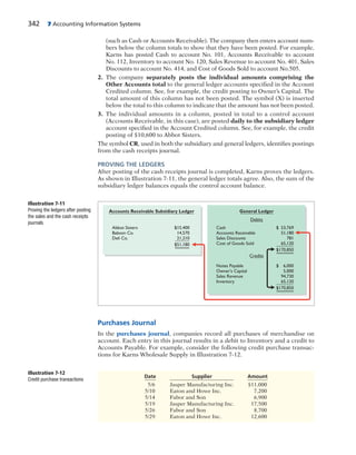 342 7 Accounting Information Systems
(such as Cash or Accounts Receivable). The company then enters account num-
bers below the column totals to show that they have been posted. For example,
Karns has posted Cash to account No. 101, Accounts Receivable to account
No. 112, Inventory to account No. 120, Sales Revenue to account No. 401, Sales
Discounts to account No. 414, and Cost of Goods Sold to account No.505.
2. The company separately posts the individual amounts comprising the
Other Accounts total to the general ledger accounts specified in the Account
Credited column. See, for example, the credit posting to Owner’s Capital. The
total amount of this column has not been posted. The symbol (X) is inserted
below the total to this column to indicate that the amount has not been posted.
3. The individual amounts in a column, posted in total to a control account
(Accounts Receivable, in this case), are posted daily to the subsidiary ledger
account specified in the Account Credited column. See, for example, the credit
posting of $10,600 to Abbot Sisters.
The symbol CR, used in both the subsidiary and general ledgers, identifies postings
from the cash receipts journal.
PROVING THE LEDGERS
After posting of the cash receipts journal is completed, Karns proves the ledgers.
As shown in Illustration 7-11, the general ledger totals agree. Also, the sum of the
subsidiary ledger balances equals the control account balance.
$ 53,769
51,180
781
65,120
$170,850
Cash
Accounts Receivable
Sales Discounts
Cost of Goods Sold
$15,400
14,570
21,210
$51,180
Abbot Sisters
Babson Co.
Deli Co.
Accounts Receivable Subsidiary Ledger General Ledger
$ 6,000
5,000
94,730
65,120
$170,850
Notes Payable
Owner's Capital
Sales Revenue
Inventory
Credits
Debits
Illustration 7-11
Proving the ledgers after posting
the sales and the cash receipts
journals
Purchases Journal
In the purchases journal, companies record all purchases of merchandise on
account. Each entry in this journal results in a debit to Inventory and a credit to
Accounts Payable. For example, consider the following credit purchase transac-
tions for Karns Wholesale Supply in Illustration 7-12.
Date Supplier Amount
5/6 Jasper Manufacturing Inc. $11,000
5/10 Eaton and Howe Inc. 7,200
5/14 Fabor and Son 6,900
5/19 Jasper Manufacturing Inc. 17,500
5/26 Fabor and Son 8,700
5/29 Eaton and Howe Inc. 12,600
Illustration 7-12
Credit purchase transactions
 