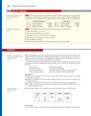354 7 Accounting Information Systems
DO IT! 7-1 Presented below is information related to Rizzo Company for its first month
of operations. Determine the balances that appear in the accounts payable subsidiary led-
ger. What Accounts Payable balance appears in the general ledger at the end of January?
Credit Purchases Cash Paid
Jan. 6 Gorst Company $11,000 Jan. 11 Gorst Company $ 6,500
Jan. 10 Tian Company 12,000 Jan. 16 Tian Company 12,000
Jan. 23 Maddox Company 10,000 Jan. 29 Maddox Company 7,700
DO IT! 7-2 Hinske Company had the following transactions during April.
1. Sold merchandise on account.
2. Purchased merchandise on account.
3. Collected cash from a sale to Renfro Company.
4. Recorded accrued interest on a note payable.
5. Paid $2,000 for supplies.
Identify the journal in which each of the transactions above is recorded.
> DO IT! Review
Determine subsidiary and
general ledger balances.
(LO 2)
Identify special journals.
(LO 3)
E7-1 Nex Company uses both special journals and a general journal as described in this
chapter. On June 30, after all monthly postings had been completed, the Accounts Receiv-
able control account in the general ledger had a debit balance of $340,000; the Accounts
Payable control account had a credit balance of $77,000.
The July transactions recorded in the special journals are summarized below. No entries
affecting accounts receivable and accounts payable were recorded in the general journal
for July.
Sales journal Total sales $161,400
Purchases journal Total purchases $66,400
Cash receipts journal Accounts receivable column total $131,000
Cash payments journal Accounts payable column total $47,500
Instructions
(a) What is the balance of the Accounts Receivable control account after the monthly
postings on July 31?
(b) What is the balance of the Accounts Payable control account after the monthly post-
ings on July 31?
(c) To what account(s) is the column total of $161,400 in the sales journal posted?
(d) To what account(s) is the accounts receivable column total of $131,000 in the cash
receipts journal posted?
E7-2 Presented below is the subsidiary accounts receivable account of Jill Longley.
EXERCISES
Determine control account
balances, and explain posting
of special journals.
(LO 2, 3)
Date Ref. Debit Credit Balance
2014
Sept. 2 S31 61,000 61,000
9 G4 14,000 47,000
27 CR8 47,000 —
Instructions
Write a memo to Sara Fogelman, chief financial officer, that explains each transaction.
Explain postings to
subsidiary ledger.
(LO 2)
 