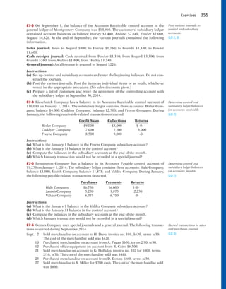 Exercises 355
Post various journals to
control and subsidiary
accounts.
(LO 2, 3)
Determine control and
subsidiary ledger balances
for accounts receivable.
(LO 2)
E7-3 On September 1, the balance of the Accounts Receivable control account in the
general ledger of Montgomery Company was $10,960. The customers’ subsidiary ledger
contained account balances as follows: Hurley $1,440, Andino $2,640, Fowler $2,060,
Sogard $4,820. At the end of September, the various journals contained the following
information.
Sales journal: Sales to Sogard $800; to Hurley $1,260; to Giambi $1,330; to Fowler
$1,600.
Cash receipts journal: Cash received from Fowler $1,310; from Sogard $3,300; from
Giambi $380; from Andino $1,800; from Hurley $1,240.
General journal: An allowance is granted to Sogard $220.
Instructions
(a) Set up control and subsidiary accounts and enter the beginning balances. Do not con-
struct the journals.
(b) Post the various journals. Post the items as individual items or as totals, whichever
would be the appropriate procedure. (No sales discounts given.)
(c) Prepare a list of customers and prove the agreement of the controlling account with
the subsidiary ledger at September 30, 2014.
E7-4 Kieschnick Company has a balance in its Accounts Receivable control account of
$10,000 on January 1, 2014. The subsidiary ledger contains three accounts: Bixler Com-
pany, balance $4,000; Cuddyer Company, balance $2,500; and Freeze Company. During
January, the following receivable-related transactions occurred.
Credit Sales Collections Returns
Bixler Company $9,000 $8,000 $ -0-
Cuddyer Company 7,000 2,500 3,000
Freeze Company 8,500 9,000 -0-
Instructions
(a) What is the January 1 balance in the Freeze Company subsidiary account?
(b) What is the January 31 balance in the control account?
(c) Compute the balances in the subsidiary accounts at the end of the month.
(d) Which January transaction would not be recorded in a special journal?
E7-5 Pennington Company has a balance in its Accounts Payable control account of
$9,250 on January 1, 2014. The subsidiary ledger contains three accounts: Hale Company,
balance $3,000; Janish Company, balance $1,875; and Valdez Company. During January,
the following payable-related transactions occurred.
Purchases Payments Returns
Hale Company $6,750 $6,000 $ -0-
Janish Company 5,250 1,875 2,250
Valdez Company 6,375 6,750 -0-
Instructions
(a) What is the January 1 balance in the Valdez Company subsidiary account?
(b) What is the January 31 balance in the control account?
(c) Compute the balances in the subsidiary accounts at the end of the month.
(d) Which January transaction would not be recorded in a special journal?
E7-6 Gomes Company uses special journals and a general journal. The following transac-
tions occurred during September 2014.
Sept. 2 Sold merchandise on account to H. Drew, invoice no. 101, $620, terms n/30.
The cost of the merchandise sold was $420.
10 Purchased merchandise on account from A. Pagan $650, terms 2/10, n/30.
12 Purchased office equipment on account from R. Cairo $6,500.
21 Sold merchandise on account to G. Holliday, invoice no. 102 for $800, terms
2/10, n/30. The cost of the merchandise sold was $480.
25 Purchased merchandise on account from D. Downs $860, terms n/30.
27 Sold merchandise to S. Miller for $700 cash. The cost of the merchandise sold
was $400.
Determine control and
subsidiary ledger balances
for accounts payable.
(LO 2)
Record transactions in sales
and purchases journal.
(LO 3)
 
