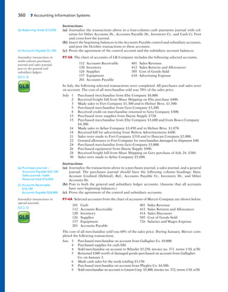 360 7 Accounting Information Systems
Instructions
(a) Journalize the transactions above in a four-column cash payments journal with col-
umns for Other Accounts Dr., Accounts Payable Dr., Inventory Cr., and Cash Cr. Foot
and cross-foot the journal.
(b) Insert the beginning balances in the Accounts Payable control and subsidiary accounts,
and post the October transactions to these accounts.
(c) Prove the agreement of the control account and the subsidiary account balances.
P7-3A The chart of accounts of LR Company includes the following selected accounts.
112 Accounts Receivable 401 Sales Revenue
120 Inventory 412 Sales Returns and Allowances
126 Supplies 505 Cost of Goods Sold
157 Equipment 610 Advertising Expense
201 Accounts Payable
In July, the following selected transactions were completed. All purchases and sales were
on account. The cost of all merchandise sold was 70% of the sales price.
July 1 Purchased merchandise from Eby Company $8,000.
2 Received freight bill from Shaw Shipping on Eby purchase $400.
3 Made sales to Fort Company $1,300 and to Hefner Bros. $1,500.
5 Purchased merchandise from Getz Company $3,200.
8 Received credit on merchandise returned to Getz Company $300.
13 Purchased store supplies from Dayne Supply $720.
15 Purchased merchandise from Eby Company $3,600 and from Bosco Company
$4,300.
16 Made sales to Aybar Company $3,450 and to Hefner Bros. $1,870.
18 Received bill for advertising from Welton Advertisements $600.
21 Sales were made to Fort Company $310 and to Duncan Company $2,800.
22 Granted allowance to Fort Company for merchandise damaged in shipment $40.
24 Purchased merchandise from Getz Company $3,000.
26 Purchased equipment from Dayne Supply $900.
28 Received freight bill from Shaw Shipping on Getz purchase of July 24, $380.
30 Sales were made to Aybar Company $5,600.
Instructions
(a) Journalize the transactions above in a purchases journal, a sales journal, and a general
journal. The purchases journal should have the following column headings: Date,
Account Credited (Debited), Ref., Accounts Payable Cr., Inventory Dr., and Other
Accounts Dr.
(b) Post to both the general and subsidiary ledger accounts. (Assume that all accounts
have zero beginning balances.)
(c) Prove the agreement of the control and subsidiary accounts.
P7-4A Selected accounts from the chart of accounts of Mercer Company are shown below.
101 Cash 401 Sales Revenue
112 Accounts Receivable 412 Sales Returns and Allowances
120 Inventory 414 Sales Discounts
126 Supplies 505 Cost of Goods Sold
157 Equipment 726 Salaries and Wages Expense
201 Accounts Payable
The cost of all merchandise sold was 60% of the sales price. During January, Mercer com-
pleted the following transactions.
Jan. 3 Purchased merchandise on account from Gallagher Co. $9,000.
4 Purchased supplies for cash $80.
4 Sold merchandise on account to Wheeler $5,250, invoice no. 371, terms 1/10, n/30.
5 Returned $300 worth of damaged goods purchased on account from Gallagher
Co. on January 3.
6 Made cash sales for the week totaling $3,150.
8 Purchased merchandise on account from Phegley Co. $4,500.
9 Sold merchandise on account to Linton Corp. $5,400, invoice no. 372, terms 1/10, n/30.
(a) Balancing totals $13,050
Journalize transactions in
multi-column purchases
journal and sales journal;
post to the general and
subsidiary ledgers.
(LO 2, 3)
(a) Purchases journal—
Accounts Payable $25,100
Sales journal—Sales
Revenue total $16,830
(c) Accounts Payable $1,700
(c) Accounts Receivable
$16,790
Accounts Payable $24,800
Journalize transactions