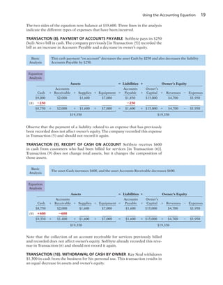 Using the Accounting Equation 19
The two sides of the equation now balance at $19,600. Three lines in the analysis
indicate the different types of expenses that have been incurred.
TRANSACTION (8). PAYMENT OF ACCOUNTS PAYABLE Softbyte pays its $250
Daily News bill in cash. The company previously [in Transaction (5)] recorded the
bill as an increase in Accounts Payable and a decrease in owner’s equity.
Equation
Analysis
This cash payment “on account” decreases the asset Cash by $250 and also decreases the liability
Accounts Payable by $250.
Basic
Analysis
Assets 5 Liabilities 1 Owner’s Equity
Accounts Accounts Owner’s
Cash 1 Receivable 1 Supplies 1 Equipment 5 Payable 1 Capital 1 Revenues 2 Expenses
$9,000 $2,000 $1,600 $7,000 $1,850 $15,000 $4,700 $1,950
2250 2250
$8,750 1 $2,000 1 $1,600 1 $7,000 5 $1,600 1 $15,000 1 $4,700 2 $1,950
$19,350 $19,350
⎧
⎪
⎪
⎪
⎪
⎪
⎪
⎪
⎪
⎪
⎪
⎨
⎪
⎪
⎪
⎪
⎪
⎪
⎪
⎪
⎪
⎪
⎩
⎧
⎪
⎪
⎪
⎪
⎪
⎪
⎪
⎪
⎪
⎪
⎨
⎪
⎪
⎪
⎪
⎪
⎪
⎪
⎪
⎪
⎪
⎩
(8)
Observe that the payment of a liability related to an expense that has previously
been recorded does not affect owner’s equity. The company recorded this expense
in Transaction (5) and should not record it again.
TRANSACTION (9). RECEIPT OF CASH ON ACCOUNT Softbyte receives $600
in cash from customers who had been billed for services [in Transaction (6)].
Transaction (9) does not change total assets, but it changes the composition of
those assets.
The asset Cash increases $600, and the asset Accounts Receivable decreases $600.
Basic
Analysis
Assets 5 Liabilities 1 Owner’s Equity
Accounts Accounts Owner’s
Cash 1 Receivable 1 Supplies 1 Equipment 5 Payable 1 Capital 1 Revenues 2 Expenses
$8,750 $2,000 $1,600 $7,000 $1,600 $15,000 $4,700 $1,950
1600 2600
$9,350 1 $1,400 1 $1,600 1 $7,000 5 $1,600 1 $15,000 1 $4,700 2 $1,950
$19,350 $19,350
⎧
⎪
⎪
⎪
⎪
⎪
⎪
⎪
⎪
⎪
⎪
⎨
⎪
⎪
⎪
⎪
⎪
⎪
⎪
⎪
⎪
⎪
⎩
⎧
⎪
⎪
⎪
⎪
⎪
⎪
⎪
⎪
⎪
⎨
⎪
⎪
⎪
⎪
⎪
⎪
⎪
⎪
⎪
⎩
(9)
Equation
Analysis
Note that the collection of an account receivable for services previously billed
and recorded does not affect owner’s equity. Softbyte already recorded this reve-
nue in Transaction (6) and should not record it again.
TRANSACTION (10). WITHDRAWAL OF CASH BY OWNER Ray Neal withdraws
$1,300 in cash from the business for his personal use. This transaction results in
an equal decrease in assets and owner’s equity.
 