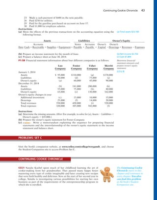 Continuing Cookie Chronicle 43
23 Made a cash payment of $600 on the note payable.
26 Paid $250 for utilities.
29 Paid for the gasoline purchased on account on June 17.
30 Paid $1,000 for employee salaries.
Instructions
(a) Show the effects of the previous transactions on the accounting equation using the
following format.
(a) Total assets $23,100
Assets Liabilities Owner’s Equity
Accounts Notes Accounts Owner’s Owner’s
Date Cash 1 Receivable 1Supplies1Equipment5 Payable 1 Payable 1 Capital 2Drawings1 Revenues 2Expenses
(b) Prepare an income statement for the month of June.
(c) Prepare a balance sheet at June 30, 2014.
P1-5B Financial statement information about four different companies is as follows.
(b) Net income $3,750
(c) Cash $7,800
Determine financial
statement amounts and
prepare owner’s equity
statement.
(LO 6, 8)
Luo Foster Usher Merritt
Company Company Company Company
January 1, 2014
Assets $ 95,000 $110,000 (g) $170,000
Liabilities 50,000 (d) 75,000 (j)
Owner’s equity (a) 60,000 45,000 90,000
December 31, 2014
Assets (b) 141,000 200,000 (k)
Liabilities 55,000 75,000 (h) 80,000
Owner’s equity 63,000 (e) 130,000 162,000
Owner’s equity changes in year
Additional investment (c) 15,000 10,000 15,000
Drawings 25,000 (f) 14,000 20,000
Total revenues 350,000 420,000 (i) 520,000
Total expenses 320,000 385,000 342,000 (l)
Instructions
(a) Determine the missing amounts. (Hint: For example, to solve for (a), Assets 2 Liabilities 5
Owner’s equity 5 $45,000.)
(b) Prepare the owner’s equity statement for Foster Company.
(c) Write a memorandum explaining the sequence for preparing financial
statements and the interrelationship of the owner’s equity statement to the income
statement and balance sheet.
Visit the book’s companion website, at www.wiley.com/college/weygandt, and choose
the Student Companion site to access Problem Set C.
PROBLEMS: SET C
CCC1 Natalie Koebel spent much of her childhood learning the art of
cookie-making from her grandmother. They passed many happy hours
mastering every type of cookie imaginable and later creating new recipes
that were both healthy and delicious. Now at the start of her second year in
college, Natalie is investigating various possibilities for starting her own
business as part of the requirements of the entrepreneurship program in
which she is enrolled.
CONTINUING COOKIE CHRONICLE
The Continuing Cookie
Chronicle starts in this
chapter and continues in
every chapter. You also
can find this problem
at the book’s Student
Companion site.
 