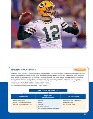 NickLaham/GettyImages,Inc.
53
Preview of Chapter 2
In Chapter 1, we analyzed business transactions in terms of the accounting equation, and we presented the cumulative
effects of these transactions in tabular form. Imagine a company like MF Global (as in the Feature Story) using the
same tabular format as Softbyte to keep track of its transactions. In a single day, MF Global engaged in thousands
of business transactions. To record each transaction this way would be impractical, expensive, and unnecessary.
Instead, companies use a set of procedures and records to keep track of transaction data more easily. This chapter
introduces and illustrates these basic procedures and records.
The content and organization of Chapter 2 are as follows.
THE RECORDING PROCESS
• Debits and credits
• Owner’s equity relationships
• Summary of debit/credit rules
The Account
• Limitations of a trial balance
• Locating errors
• Use of dollar signs
The Trial Balance
• Journal
• Ledger
• Posting
• Chart of accounts
• The recording process illustrated
Steps in the
Recording Process
✔ The Navigator
 