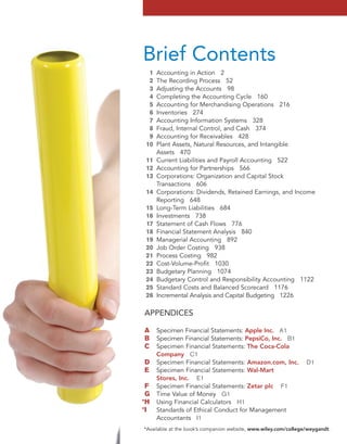 Brief Contents
1 Accounting in Action 2
2 The Recording Process 52
3 Adjusting the Accounts 98
4 Completing the Accounting Cycle 160
5 Accounting for Merchandising Operations 216
6 Inventories 274
7 Accounting Information Systems 328
8 Fraud, Internal Control, and Cash 374
9 Accounting for Receivables 428
10 Plant Assets, Natural Resources, and Intangible
Assets 470
11 Current Liabilities and Payroll Accounting 522
12 Accounting for Partnerships 566
13 Corporations: Organization and Capital Stock
Transactions 606
14 Corporations: Dividends, Retained Earnings, and Income
Reporting 648
15 Long-Term Liabilities 684
16 Investments 738
17 Statement of Cash Flows 776
18 Financial Statement Analysis 840
19 Managerial Accounting 892
20 Job Order Costing 938
21 Process Costing 982
22 Cost-Volume-Profit 1030
23 Budgetary Planning 1074
24 Budgetary Control and Responsibility Accounting 1122
25 Standard Costs and Balanced Scorecard 1176
26 Incremental Analysis and Capital Budgeting 1226
APPENDICES
A Specimen Financial Statements: Apple Inc. A1
B Specimen Financial Statements: PepsiCo, Inc. B1
C Specimen Financial Statements: The Coca-Cola
Company C1
D Specimen Financial Statements: Amazon.com, Inc. D1
E Specimen Financial Statements: Wal-Mart
Stores, Inc. E1
F Specimen Financial Statements: Zetar plc F1
G Time Value of Money G1
*H Using Financial Calculators H1
*I Standards of Ethical Conduct for Management
Accountants I1
*Available at the book’s companion website, www.wiley.com/college/weygandt.
 