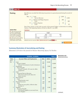 Steps in the Recording Process 71
Kate Browne recorded the following transactions in a general journal during the month of
March.
Mar. 4 Cash 2,280
Service Revenue 2,280
15 Salaries and Wages Expense 400
Cash 400
19 Utilities Expense 92
Cash 92
Post these entries to the Cash account of the general ledger to determine its ending
balance. The beginning balance of Cash on March 1 was $600.
Solution
Posting
> DO IT!
Action Plan
✔ Recall that posting
involves transferring
the journalized debits
and credits to specific
accounts in the ledger.
✔ Determine the ending
balance by netting the
total debits and credits.
Cash
3/1 600 3/15 400
3/4 2,280 3/19 92
3/31 Bal. 2,388
Related exercise material: BE2-7, BE2-8, E2-8, E2-12, and DO IT! 2-3.
✔ The Navigator
Summary Illustration of Journalizing and Posting
Illustration 2-29 shows the journal for Pioneer Advertising Agency for October.
Illustration 2-29
General journal entries
Date Account Titles and Explanation Ref. Debit Credit
2014
Oct. 1 Cash 101 10,000
Owner’s Capital 301 10,000
(Owner’s investment of cash in business)
1 Equipment 157 5,000
Notes Payable 200 5,000
(Issued 3-month, 12% note for office
equipment)
2 Cash 101 1,200
Unearned Service Revenue 209 1,200
(Received cash from R. Knox for
future service)
3 Rent Expense 729 900
Cash 101 900
(Paid October rent)
4 Prepaid Insurance 130 600
Cash 101 600
(Paid one-year policy; effective date
October 1)
5 Supplies 126 2,500
Accounts Payable 201 2,500
(Purchased supplies on account from
Aero Supply)
GENERAL JOURNAL PAGE J1
(continued )
 