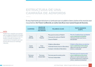 Es muy importante que estructure su cuenta para que sus palabras claves y textos en los anuncios sean
muy próximos. Si el “tema” es diferente, se vuelve más eficaz crear nuevos Grupos de Anuncios.
egorealestate.com 14
GRUPO DE
ANUNCIOS
(AD GROUP)
CAMPAÑA PALABRAS-CLAVE
TEXTO ANUNCIO
(COPY)
Piso de 3 habitaciones en Madrid
www.realestate.es/madrid
¡Tenemos el piso que busca,
descúbralo!
Casas
20€/día
Casa
Madrid
Piso para la venta en Madrid
Casa para la venta en Madrid
Casa en Madrid
Chalet en Barcelona con piscina
www.realestate.es/barcelona
¿Busca la casa de sus sueños?
¡Entre y conózcala!
Casas
17€/día
Casa
Barcelona
Chalet en Barcelona
Vivienda frente al mar en Barcelona
Comprar vivienda en Barcelona
Terrenos para la construcción
www.realestate.es/terrenos
¿Busca un nuevo espacio para
la construcción de su empresa?
¡Entre, nosotros lo tenemos!
Terrenos
20€/día
Terrenos
Industriales
Terrenos para la construcción
Terrenos industriales
eGO Real Estate - eBook Google AdWords para Inmobiliarias
NOTA
Puede hacer campañas que apunten
paraunapáginadelistadodeinmuebles.
Lo que deberá garantizar es que ese
listado contenga inmuebles con
características semejantes para que
el texto del anuncio se mantenga
relevante.
ESTRUCTURA DE UNA
CAMPAÑA DE ADWORDS
 