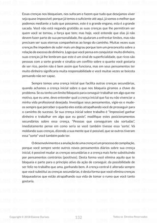 132
Copyright © 2018 Elainne Ourives Todos os Direitos Reservados
Essas crenças nos bloqueiam, nos sufocam e fazem que tudo que desejamos viver
seja quase impossível; porque já temos o suficiente até aqui, já somos o melhor que
podemos mediante a tudo que passamos, este é o grande engano, esta é a grande
sacada. Você não está negando gratidão as suas crenças que lhe permitiram ser
quem você se tornou, a força que tem; mas hoje, você entende que elas já não
devem fazer parte de sua personalidade, lhe ajudaram a enfrentar limites, mas não
precisam ser suas eternas companheiras ao longo do caminho. Muitas vezes suas
crenças lhe impedem de subir mais um degrau porque tem um preconceito sobre a
relação de excesso de dinheiro. Logo que você pensa em conquistar muito dinheiro,
suas crenças já lhe lembram que este é um sinal de superficialidade, que ricos são
pessoas com a sorte grande e sinaliza um conflito sobre o quanto você gostaria
de ser rico, porém não é bem assim que funciona, mas em seus pensamentos ter
muito dinheiro significaria muita responsabilidade e você muitas vezes se boicota
pensando não ser capaz.
Sempre temos uma crença inicial que facilita outras crenças secundárias,
quando achamos a crença inicial sobre o que nos bloqueia giramos a chave do
problema. Se eu tenho um limite/bloqueio para conseguir trabalhar em algo que me
motiva, que eu ame, devo entender qual a crença inicial que faz eu não vivenciar a
minha vida profissional desejada. Investigue seus pensamentos, vigie-os e mude-
os sempre que perceber o quanto eles estão atrapalhando você de prosseguir para
o caminho do sucesso. Se sua crença inicial sobre trabalho é “Impossível ganhar
dinheiro e trabalhar em algo que eu goste”, modifique estes posicionamentos
secundários sobre essa crença, “Pessoas que conseguiram são sortudas”,
imediatamente pense em como seria se você também tivesse essa ‘sorte’. Vá
moldando suas crenças, dizendo a sua mente que é possível, que se outros tiveram
essa “sorte” você também pode ter.
Odesenvolvimentoeaanulaçãodeumacrençaéumprocessodecompilação,
porque você sempre sente outros novos pensamentos diários sobre sua crença
inicial, é possível mudar as crenças secundárias e a crença mais forte substituindo
por pensamentos contrários (positivos). Desta forma você elimina aquilo que te
bloqueia e parte para o princípio ativo da ação de conseguir, da possibilidade de
ser feliz no trabalho que ama, ganhando bem. A crença central é alterada sempre
que você substitui as crenças secundárias, é desta forma que você elimina crenças
bloqueadoras que estão atrapalhando sua vida de tomar o rumo que você tanto
gostaria.
 