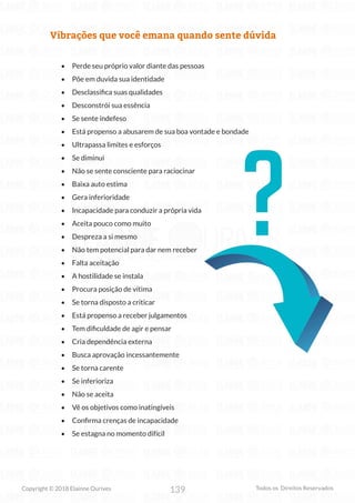 139
Copyright © 2018 Elainne Ourives Todos os Direitos Reservados
Vibrações que você emana quando sente dúvida
• Perde seu próprio valor diante das pessoas
• Põe em duvida sua identidade
• Desclassifica suas qualidades
• Desconstrói sua essência
• Se sente indefeso
• Está propenso a abusarem de sua boa vontade e bondade
• Ultrapassa limites e esforços
• Se diminui
• Não se sente consciente para raciocinar
• Baixa auto estima
• Gera inferioridade
• Incapacidade para conduzir a própria vida
• Aceita pouco como muito
• Despreza a si mesmo
• Não tem potencial para dar nem receber
• Falta aceitação
• A hostilidade se instala
• Procura posição de vítima
• Se torna disposto a criticar
• Está propenso a receber julgamentos
• Tem dificuldade de agir e pensar
• Cria dependência externa
• Busca aprovação incessantemente
• Se torna carente
• Se inferioriza
• Não se aceita
• Vê os objetivos como inatingíveis
• Confirma crenças de incapacidade
• Se estagna no momento difícil
 