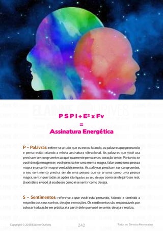 242
Copyright © 2018 Elainne Ourives Todos os Direitos Reservados
P S P I + E² x Fv
=
Assinatura Energética
P – Palavras: refere-se a tudo que eu estou falando, as palavras que pronuncio
e penso estão criando a minha assinatura vibracional. As palavras que você usa
precisam ser congruentes ao que sua mente pensa e seu coração sente. Portanto, se
você deseja emagrecer, você precisa ter uma mente magra, falar como uma pessoa
magra e se sentir magro verdadeiramente. As palavras precisam ser congruentes,
o seu sentimento precisa ser de uma pessoa que se arruma como uma pessoa
magra, sentir que todas as ações são ligadas ao seu desejo como se ele já fosse real,
já existisse e você já soubesse como é se sentir como deseja.
S – Sentimentos: refere-se a que você está pensando, falando e sentindo a
respeito dos seus sonhos, desejos e emoções. Os sentimentos são responsáveis por
colocar toda ação em prática, é a partir dele que você se sente, deseja e realiza.
 