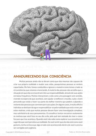 37
Copyright © 2018 Elainne Ourives Todos os Direitos Reservados
AMADURECENDO SUA CONSCIÊNCIA
Muitas pessoas ainda não se deram conta que elas mesmas são capazes de
criar sua própria realidade e mudar suas vidas, pouquíssimas pessoas se sentem
capacitadas. De fato, fomos conduzidos a ignorar a maneira como temos criado as
circunstâncias que estamos vivenciando. A maioria das pessoas não acredita que a
situação em que elas se encontram é de sua responsabilidade, através de suas ações
em baixa frequência. Muitos interpretam a vida como uma passagem sem sentido,
vivendo na espera do que acontece, sem ajudar a melhorar o mundo, e pior, vivem
pensando que estão a fazer sua parte da melhor maneira que podem; culpando o
restante das pessoas que convivem por suas ações. Em alguns casos, é muito difícil o
indivíduosedesfazerdoegoeresponsabilizar-sepelarealidadequeestáaviver,por
estes motivos, creio que muitas pessoas devam fazer uma investigação complexa,
mas satisfatória de seus pensamentos. O conselho é tentar encontrar exatamente
os motivos que você foca no seu dia a dia, pelo quê tem vontade de viver e como
faz para que isso aconteça. Quando você não sabe como explorar sua consciência é
sugerido que você perceba sua realidade. Se você sentir que ela não está como você
gostaria, tenha certeza que algo errado está acontecendo dentro de você e precisa
ser corrigido com urgência.
 