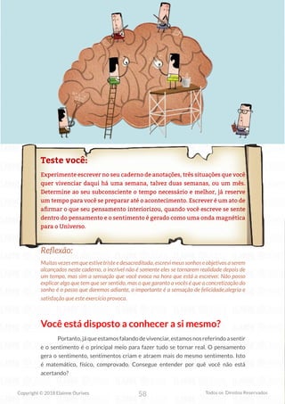 58
Copyright © 2018 Elainne Ourives Todos os Direitos Reservados
Teste você:
Experimente escrever no seu caderno de anotações, três situações que você
quer vivenciar daqui há uma semana, talvez duas semanas, ou um mês.
Determine ao seu subconsciente o tempo necessário e melhor, já reserve
um tempo para você se preparar até o acontecimento. Escrever é um ato de
afirmar o que seu pensamento interiorizou, quando você escreve se sente
dentro do pensamento e o sentimento é gerado como uma onda magnética
para o Universo.
Reflexão:
Muitasvezesemqueestivetristeedesacreditada,escrevimeussonhoseobjetivosaserem
alcançados neste caderno, o incrível não é somente eles se tornarem realidade depois de
um tempo, mas sim a sensação que você evoca na hora que está a escrever. Não posso
explicar algo que tem que ser sentido, mas o que garanto a vocês é que a concretização do
sonho é o passo que daremos adiante, o importante é a sensação de felicidade,alegria e
satisfação que este exercício provoca.
Você está disposto a conhecer a si mesmo?
Portanto,jáqueestamosfalandodevivenciar,estamosnosreferindoasentir
e o sentimento é o principal meio para fazer tudo se tornar real. O pensamento
gera o sentimento, sentimentos criam e atraem mais do mesmo sentimento. Isto
é matemático, físico, comprovado. Consegue entender por quê você não está
acertando?
 